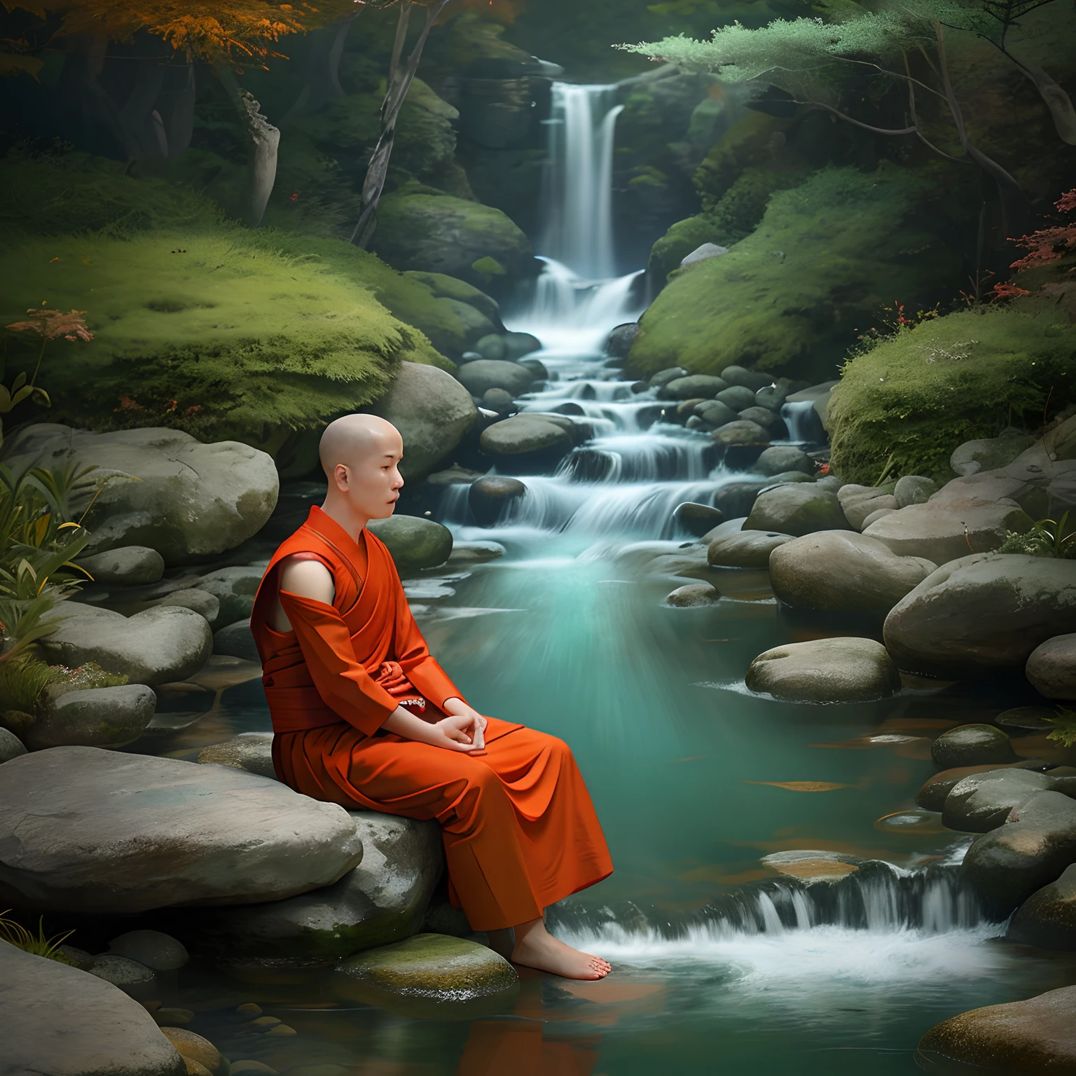 A Buddhist monk meditating By the stream, his coral-colored threads are coming out The facial expression is peaceful, cinematic lighting hyper realistic super details skin texture is very detail