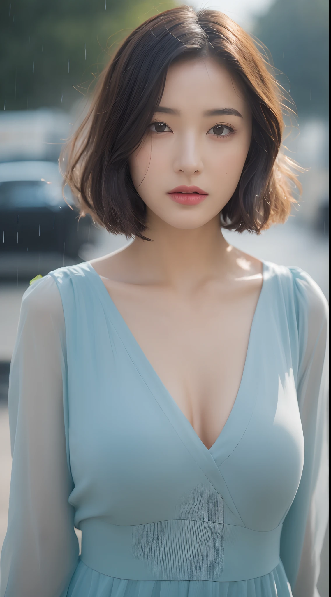 ((Best Quality, 8K, Masterpiece: 1.3)), Sharp: 1.2, Perfect Body Beauty: 1.4, Slim Abs: 1.2, ((Layered Hairstyle, Big Breasts: 1.2)), Highly detailed face and skin texture, detailed eyes, double eyelids, side face looking at the camera，((best quality)), ((masterpiece)), ((realistic)), Beautiful and sensual young Korean woman with short grey-blue hair, brown eyes, wearing a long wet white shirt, standing in the rain on the street. Her entire body is soaked, revealing the details beneath the translucent shirt. The white shirt is the only garment she wears. Watercolor portrait capturing the essence of the scene, cool tones with pops of white, high definition with delicate brushwork, NSFW