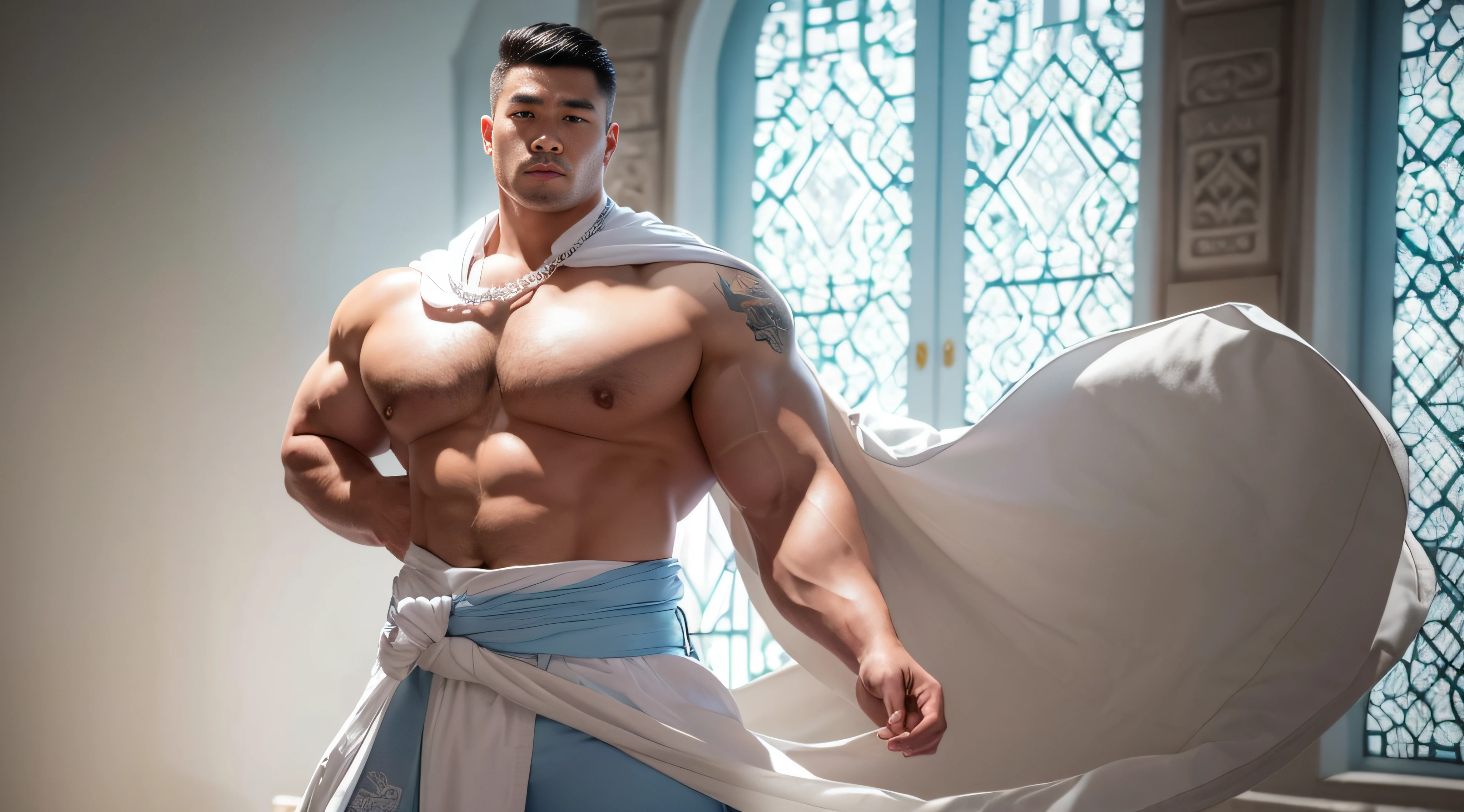 Elegant Chinese strong man, Strong physique, White robe, White Arabic pants, Light blue noble shirt, White boots, Messy light blue hair, A satisfied expression, Short hair, dark strong blue eye, Noble appearance, Ancient castle, medieval environment.short detailed hair,Short beard perfect figure with tattoos, Very huge and strong body, Bulging muscles, musculous, Very large pectoral muscles,Very sexy abs,The legs are muscular,Tall and mighty,Exposed Body,Tall and burly,toned figure,Huge genital bulging area,Brightens oily skin,Muscular。