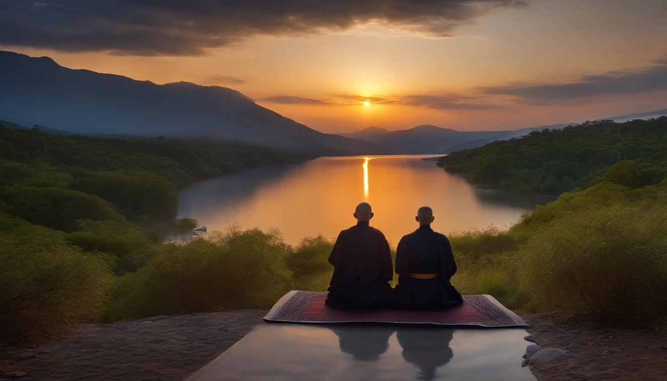 Full-fledged monks sit in a meditative position, Behold the beautiful horizon as the sun sets, Man has a deep connection with God, The landscape is super detailed, Homem ultrarrealista, tudo de bom,it's beautiful, hiper qualidade. Realismo 8k