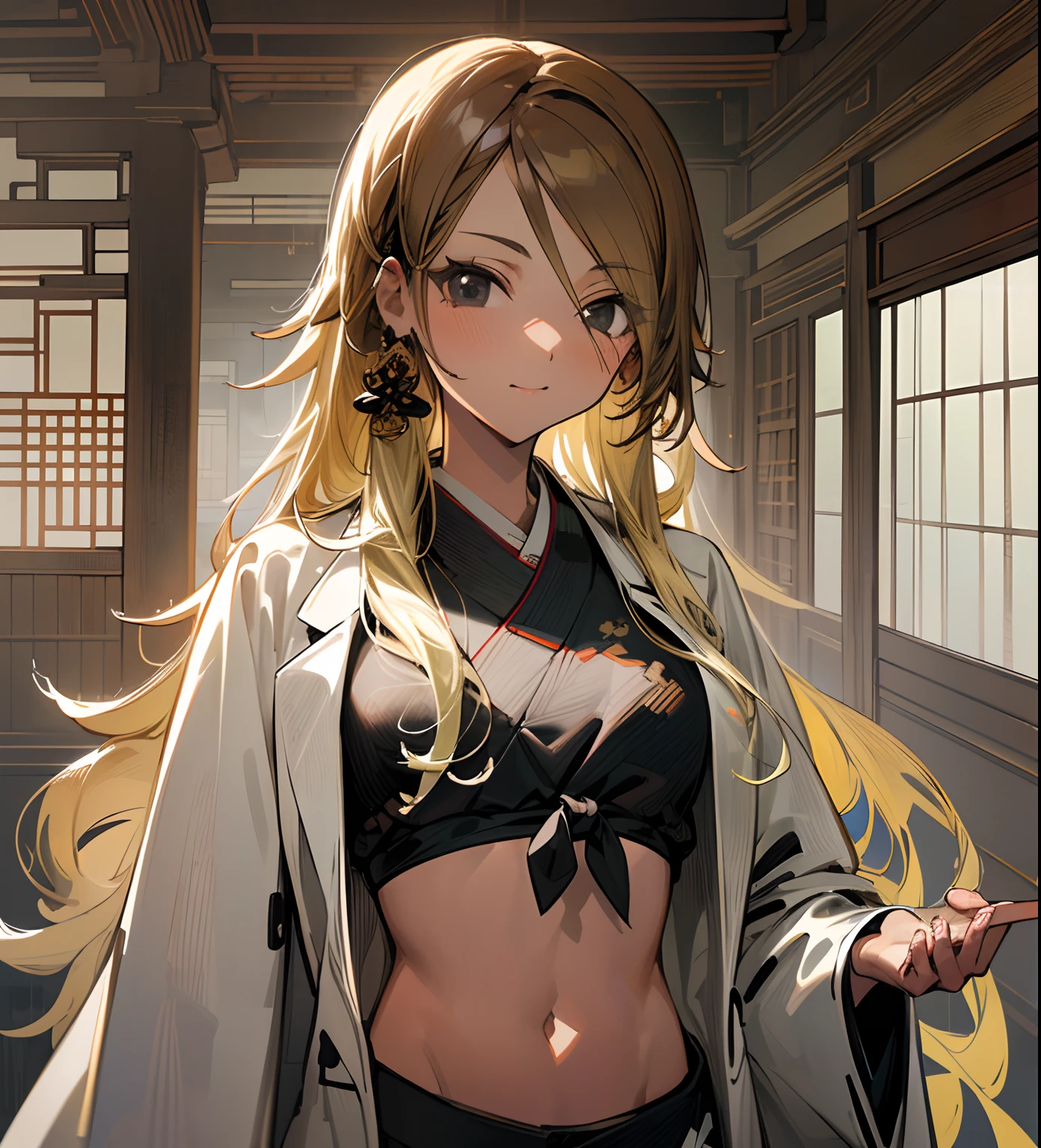 masterpiece, best quality, ultra-detailed, illustration, 1girl, solo, perfect face, beautiful detailed eyes, 4k, detailed background,
beautiful, perfect proportions, perfect composition,
japanese clothes, ((midriff, kimono, black kimono, tied shirt, crop top:1.6)), ((looking at viewer, facing viewer:1.2)), ((open coat, white labcoat, long coat:1.6)), wide sleeves,
((east asian architecture:1.4)), ((upper body:1.4)), midriff,
 izumi mei, (dark skin, dark-skinned female, long hair, very long hair:1.4), gyaru,  blonde hair, smug, light smile,