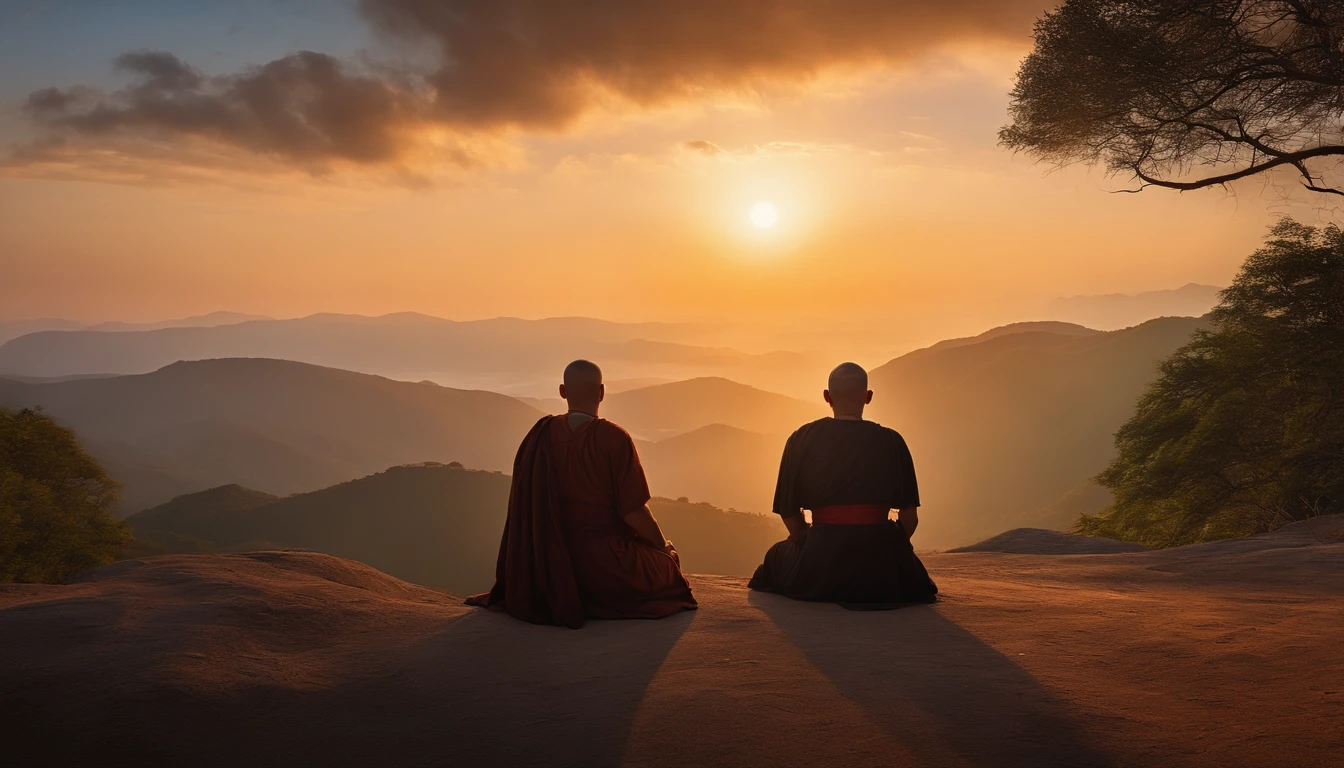 Full-fledged monks sit in a meditative position, Behold the beautiful horizon as the sun sets, Man has a deep connection with God, The landscape is super detailed, Homem ultrarrealista, tudo de bom,it's beautiful, hiper qualidade. Realismo 8k