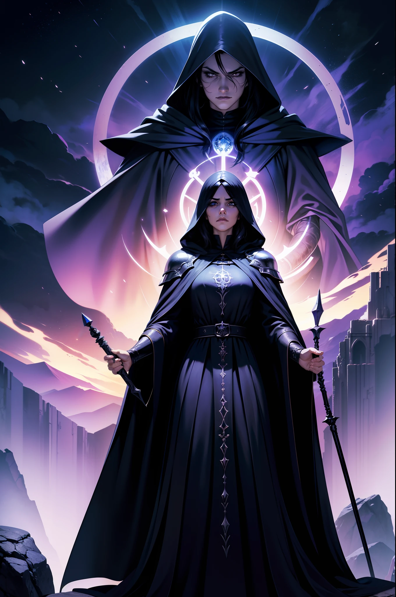 An adult mage character wearing a hooded robe and gothic armor with black details accompanied by an adult mage character wearing a robe, capuz. Tax Posture, face with serious expression, cabelo na cor preta liso preso, hair in black color a remarkable beauty, Magnificent, cor azul dos olhos, Purple sky with magnificent clouds, arms crossed in imposing pose and on top of a tall rock, cabelo curto cidade, portal, Magnificent, 8k,