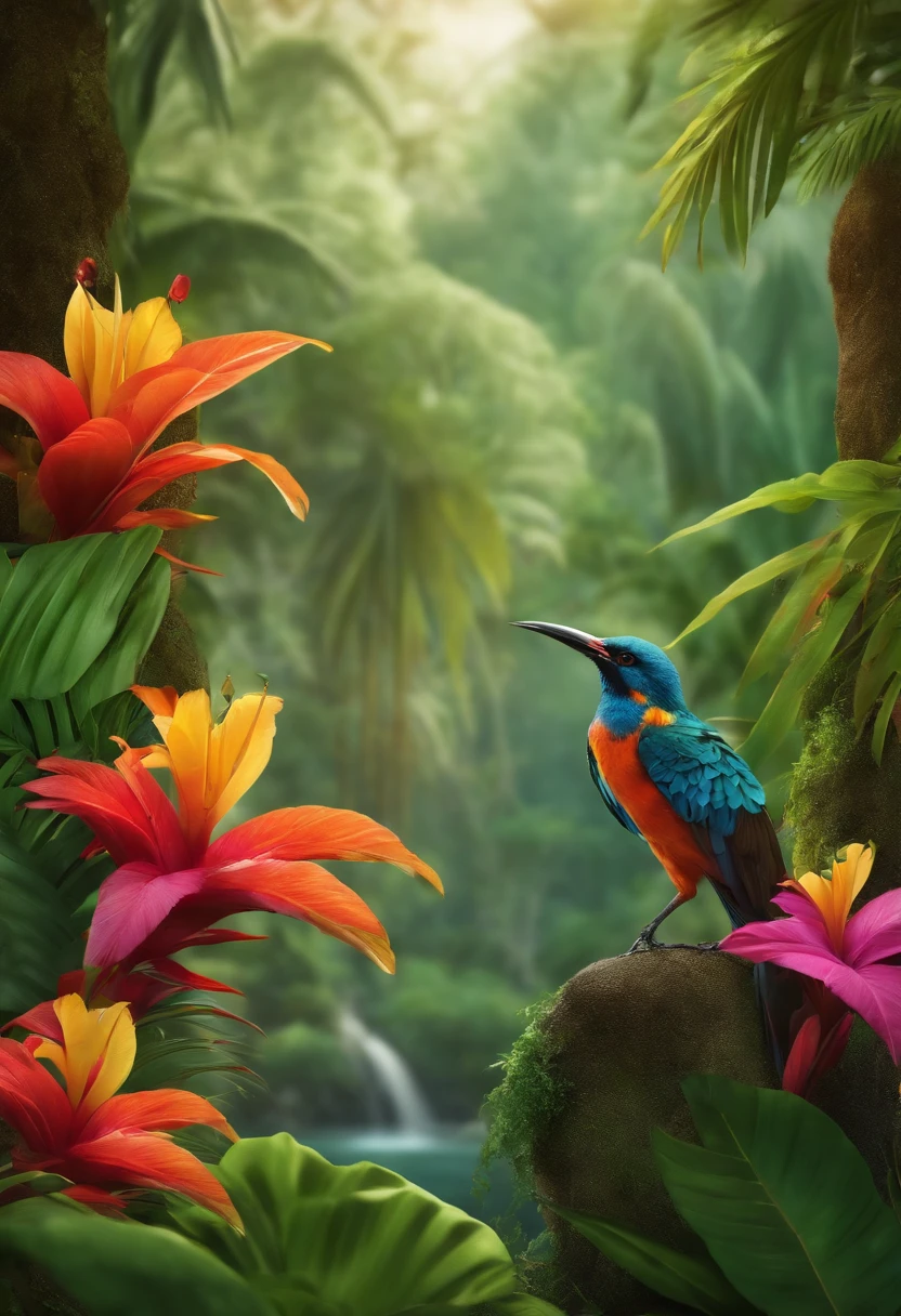 Create a scene where a bird is set in a lush tropical landscape. Use vivid colors and jungle details to convey the sense of adventure and tropical freshness.