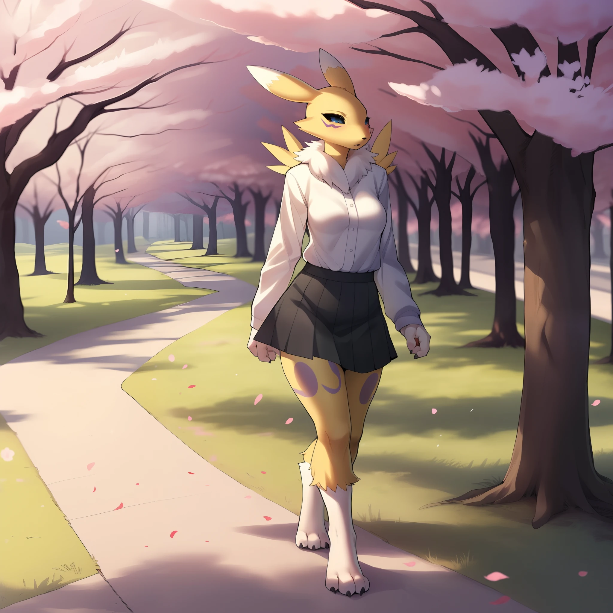 By gudlmok99, by sleepiness18, by fumiko, renamon, wearing black skirt, white shirt, walking in a park, cherry blossom trees, solo:1.2, full body shot,