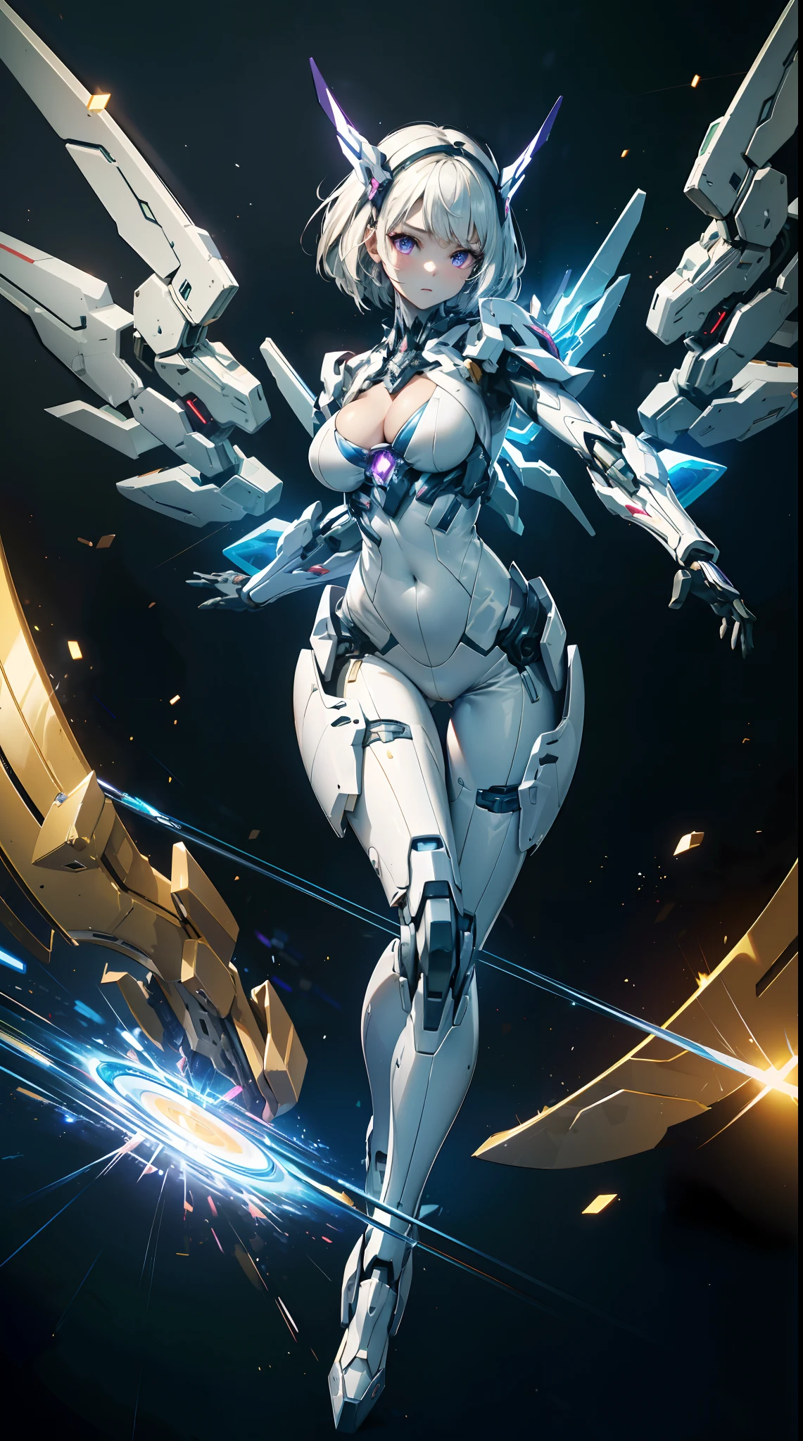 ((((masterpiece, best quality, high resolution)))), Extremely detailed 8K, Beautiful girl with slender body, (Ultra HD, Ultra-detailed, Highly detailed, Highly realistic, Ultra-realistic, photograph realistic), (1girl:1.5), realistic white hair, short wavy hair, bob cut, purple eyes, (large breasts: 1.2), cleavage, mecha musume, (white full body suit), glowing parts, light particles, light energy, mechanical wings, mechanical thrusters, mecha headgear, cyber effect, cyber space, (dynamic pose), cowboy shot