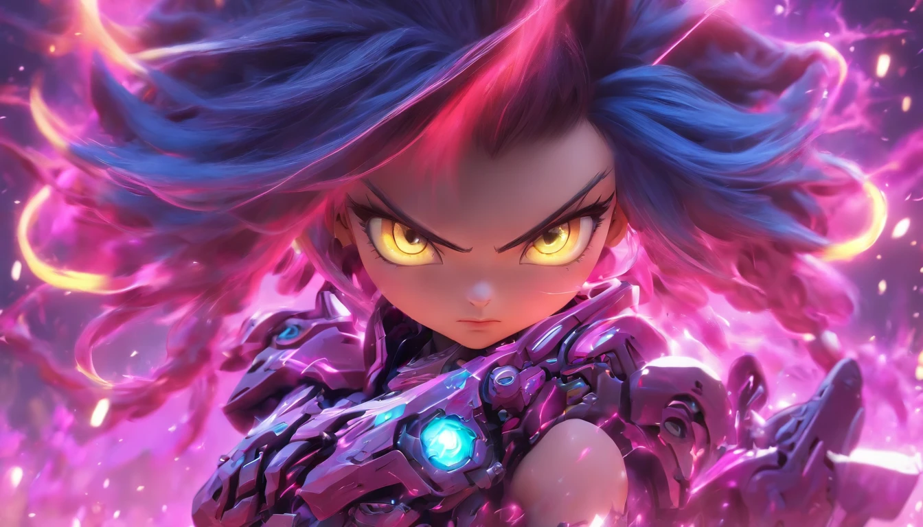 China-style，Q version of the sci-fi baby girl warrior，Cute and cute，StarCraft warrior armor，Huge guns，opening fire，Towards me，Wasteland，Full body like，Smudge，Meticulous portrayal，depth of fields，8K，A high resolution，tmasterpiece，Beautiful wallpapers，high qulity，high detal，s the perfect face，oc rendered，blur backgroun