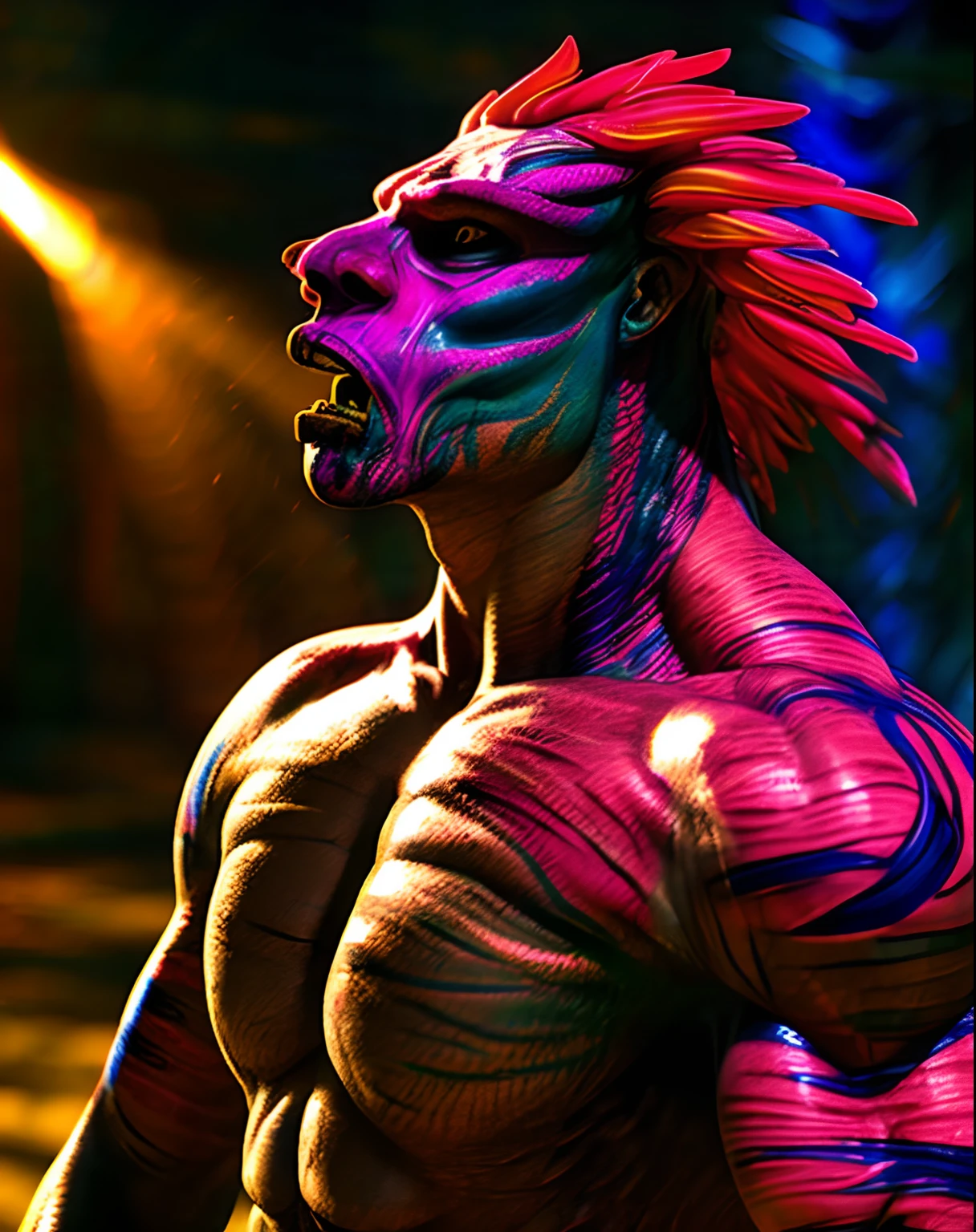 (best quality,vivid colors,strong lighting,wildlife,muscular body,powerful posture,detailed background,realistic skin texture,intense expression)