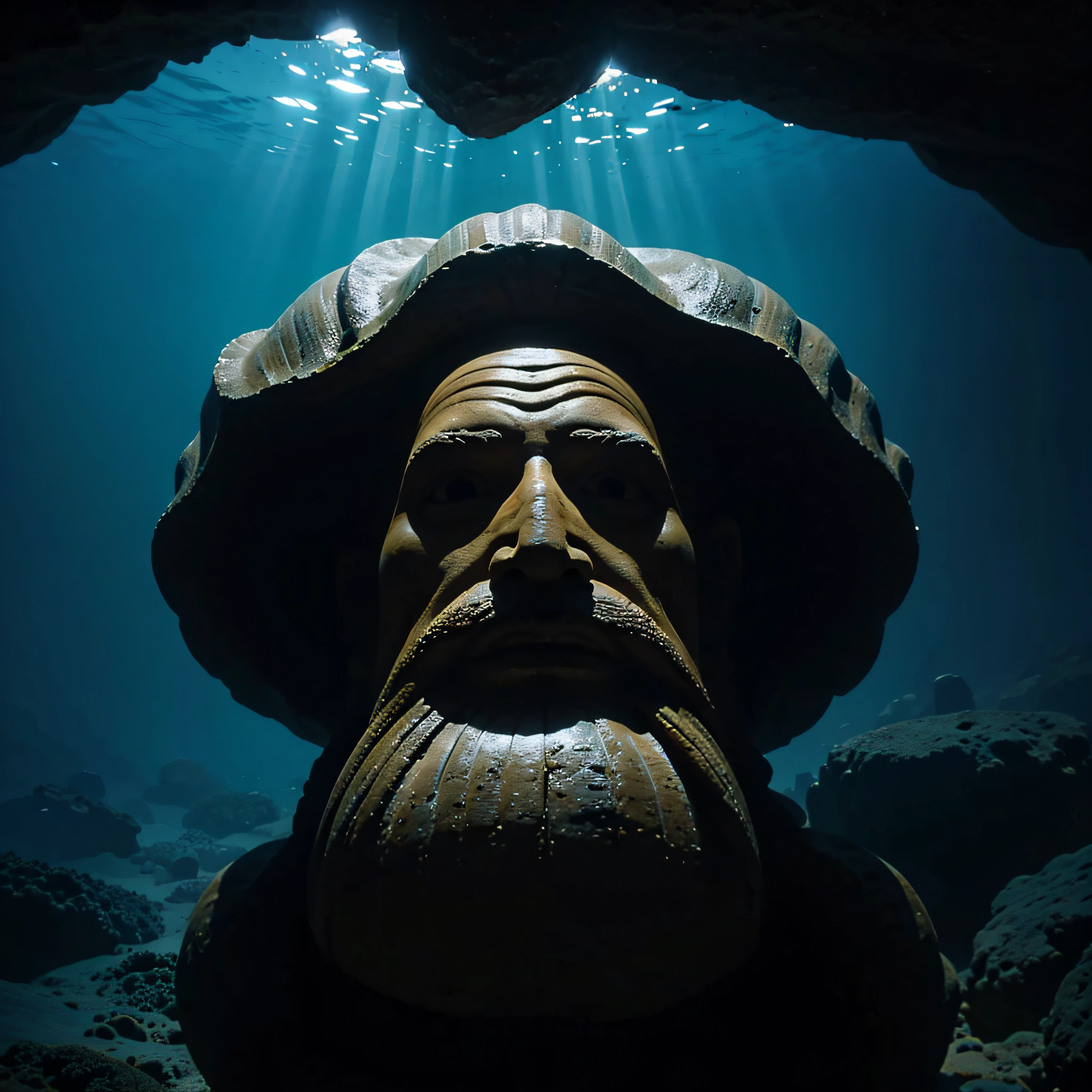 (extremadamente detallado, obra maestra, La mejor calidad, Under the Ocean), Estilo oscuro, volumetric illumination. textura de babosa, piel de caracol. ahogados flotando de fondo. Rococo composition.