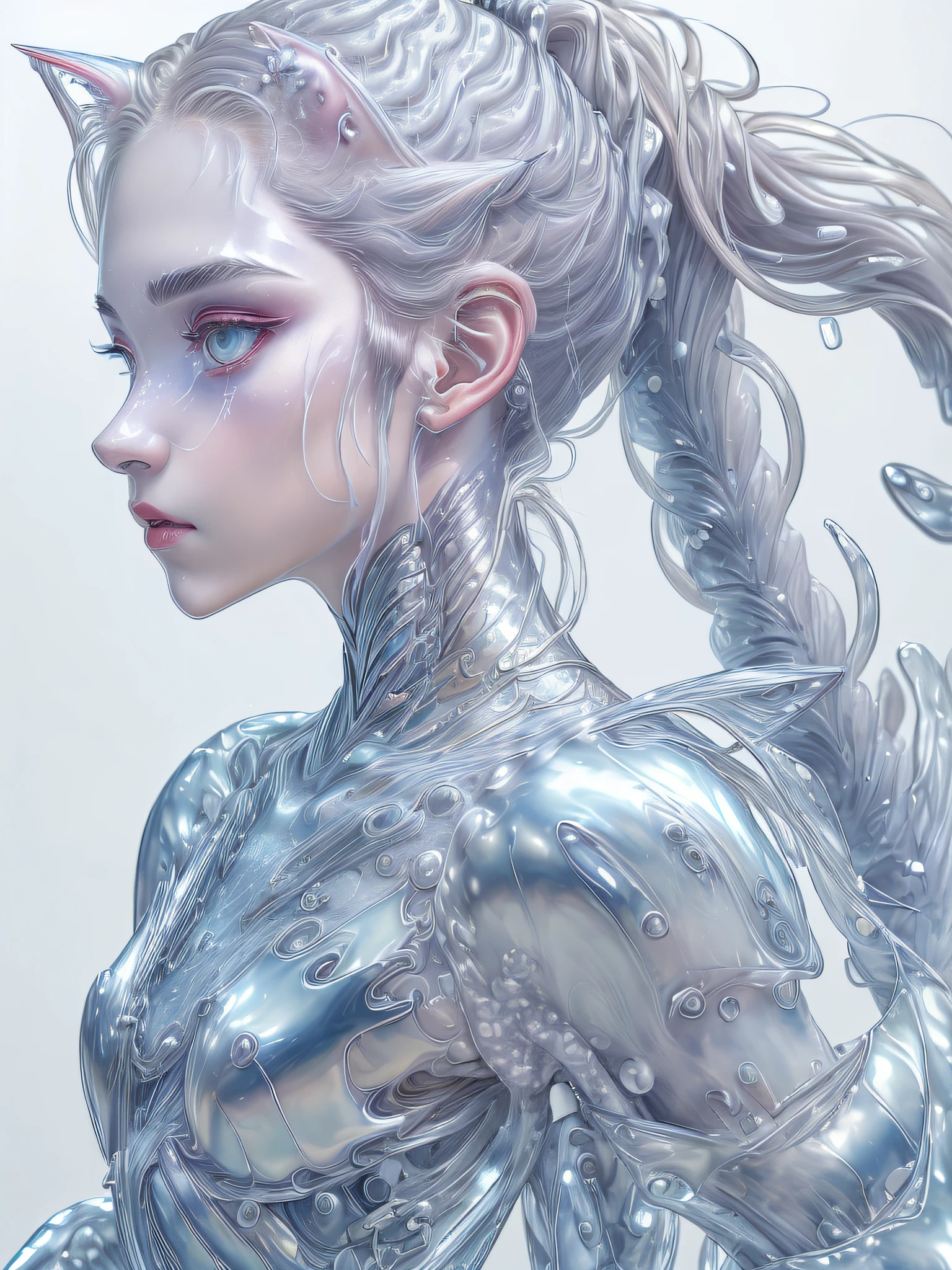 Super detailed abstract photo of cute pale draconian WaterAI girl in full body pose、Dragon and girl mix、Half Dragon、Silver ponytail with strand hair、(masterpiece)、Realistic and beautiful face、Cinematic light、(Beautiful silver cat eyes:1.3)、perfect anatomia、Dragon's horn、
Moonlight in the night sky、starryskybackground、
Fine detailed silver crescent glasses、pointy ear、cowboy shot、medium chest、(silvery scaly skin:1.3)、red-lips、Purple eyeshadow、
hyper detailed painting、luminism、4K resolution、
Soft lighting、Photographic realism、
3d rendered、octane renderings、