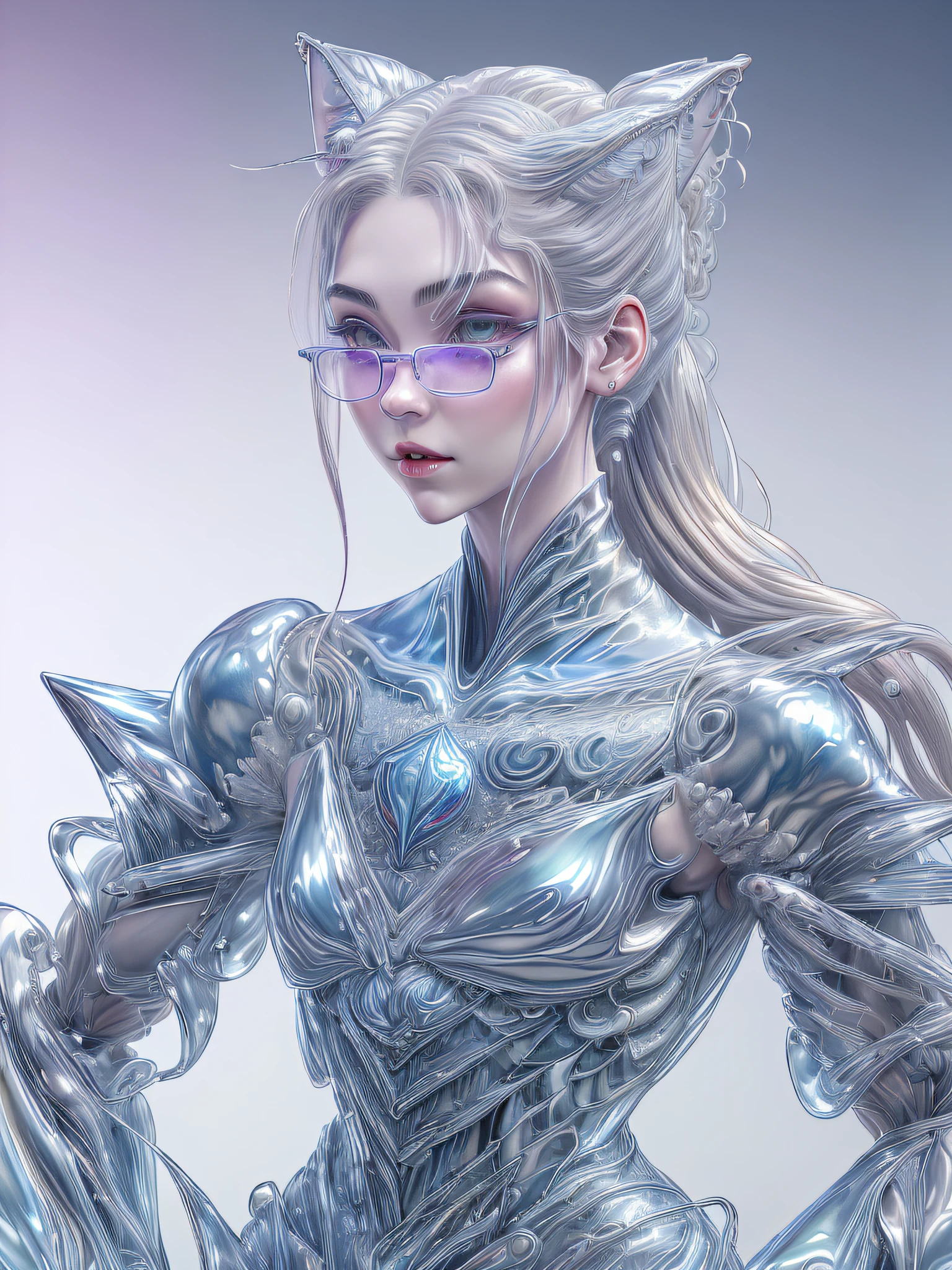 Super detailed abstract photo of cute pale draconian WaterAI girl in full body pose、Dragon and girl mix、Half Dragon、Silver ponytail with strand hair、(​masterpiece)、Realistic and beautiful face、Cinematic light、(Beautiful silver cat eyes:1.3)、perfect anatomia、Dragon's horn、
Moonlight in the night sky、starryskybackground、
Fine detailed silver crescent glasses、pointy ear、cowboy  shot、medium chest、(silvery scaly skin:1.3)、red-lips、Purple eyeshadow、
hyper detailed painting、luminism、4K resolution、
Soft lighting、Photographic realism、
3d rendered、octane renderings、