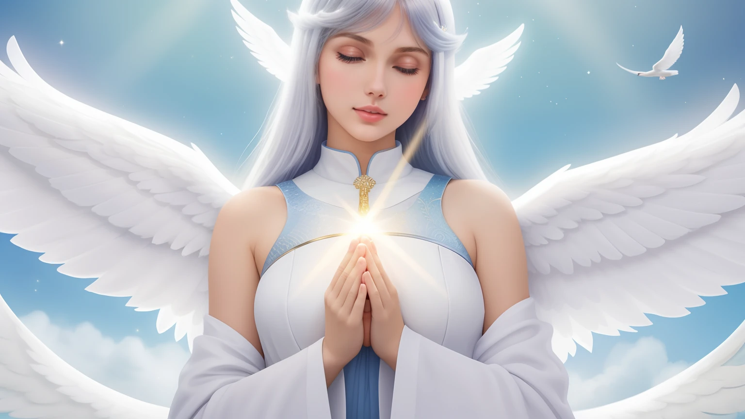 A woman with white wings is praying in a room, anjo bonito, de uma menina anjo bonita, de anjo lindo, anjo feminino bonito, Retrato de um anjo bonito, retrato bonito da menina do anjo, angelic, menina com asas de anjo, beautiful angelic wings, Taylor Swift como um anjo celestial, menina do anjo, angel spirit guide, angelic, Angelic Light, vestindo anjo, Angelic purity