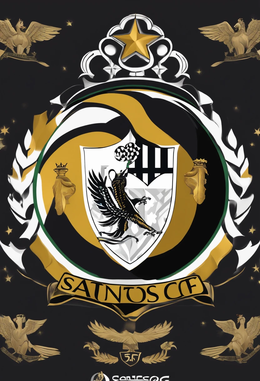 Create an image that represents the passion and history of Santos FC. The image must incorporate the club's iconic elements, such as the badge, traditional colors (white and black), and celebrate the team's memorable moments. Make sure you convey the energy and excitement of Santos FC fans in your creation.