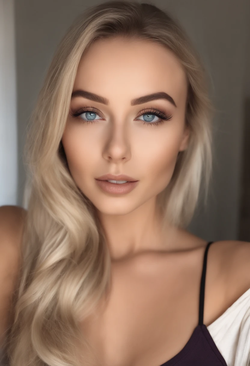 arafed woman fully , sexy girl with blue eyes, ultra realistic, meticulously detailed, portrait sophie mudd, blonde hair and large eyes, selfie of a young woman, bedroom eyes, violet myers, without makeup, natural makeup, looking directly at the camera, face with artgram, subtle makeup, stunning full body shot kneeling on bed, in bedroom, medium to large size bust
