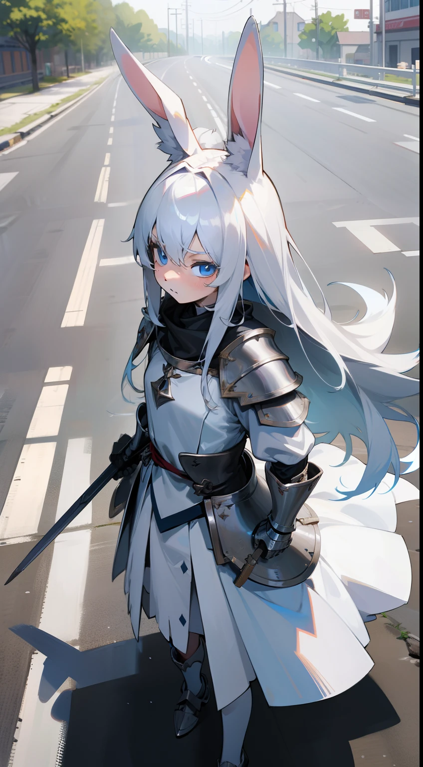 Anime,1rabbit girl,),solo,white hair,Long rabbit ear,blue eyes,long hair,templar silver knight outfit,white skirt,masterpiece,best face,detailed face,innocent face,walking in the road,serious face