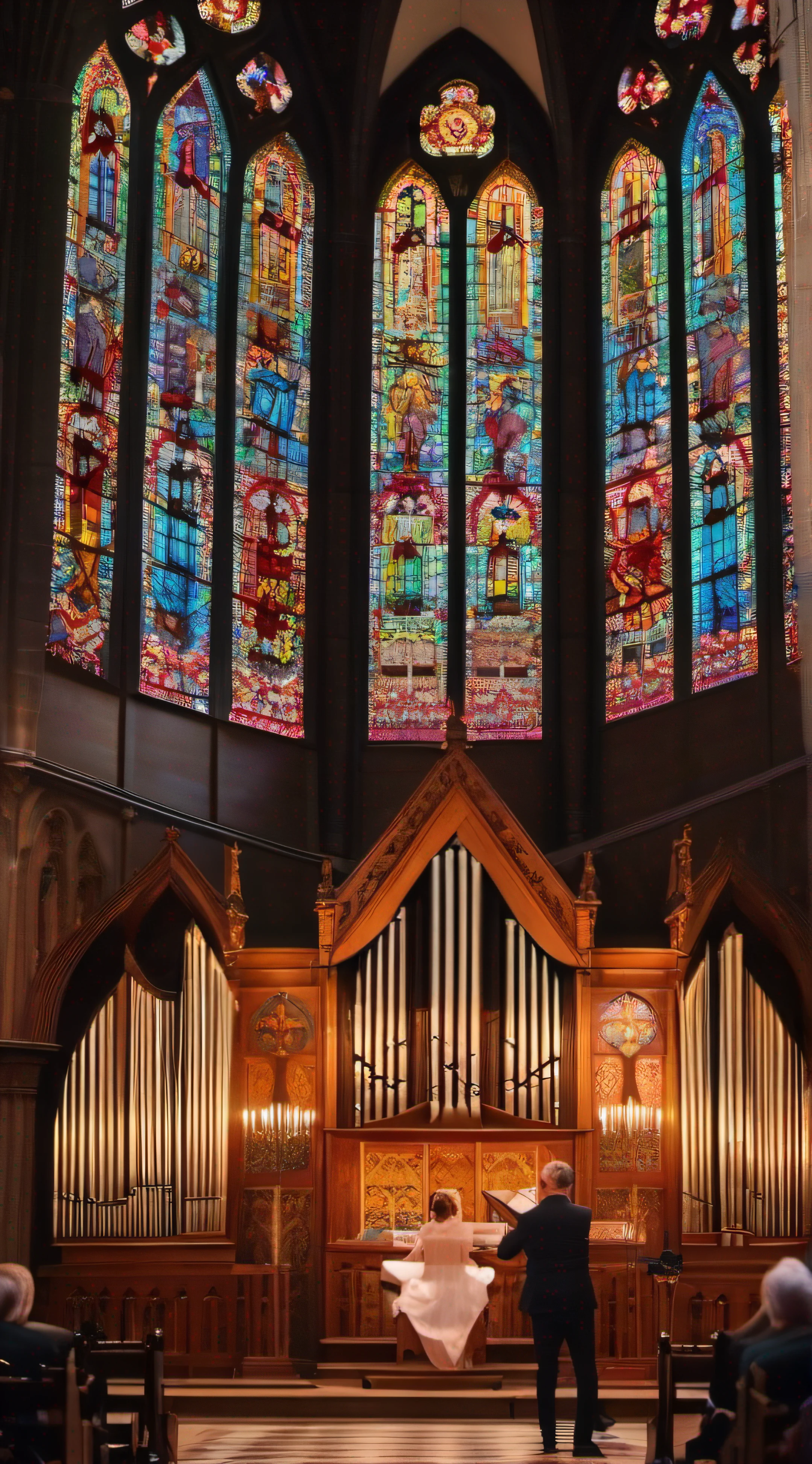 Concert of organ, flute and harp In a large Gothic church. (Hushed atmosphere, soft light of a sunset crossing the stained glass windows)