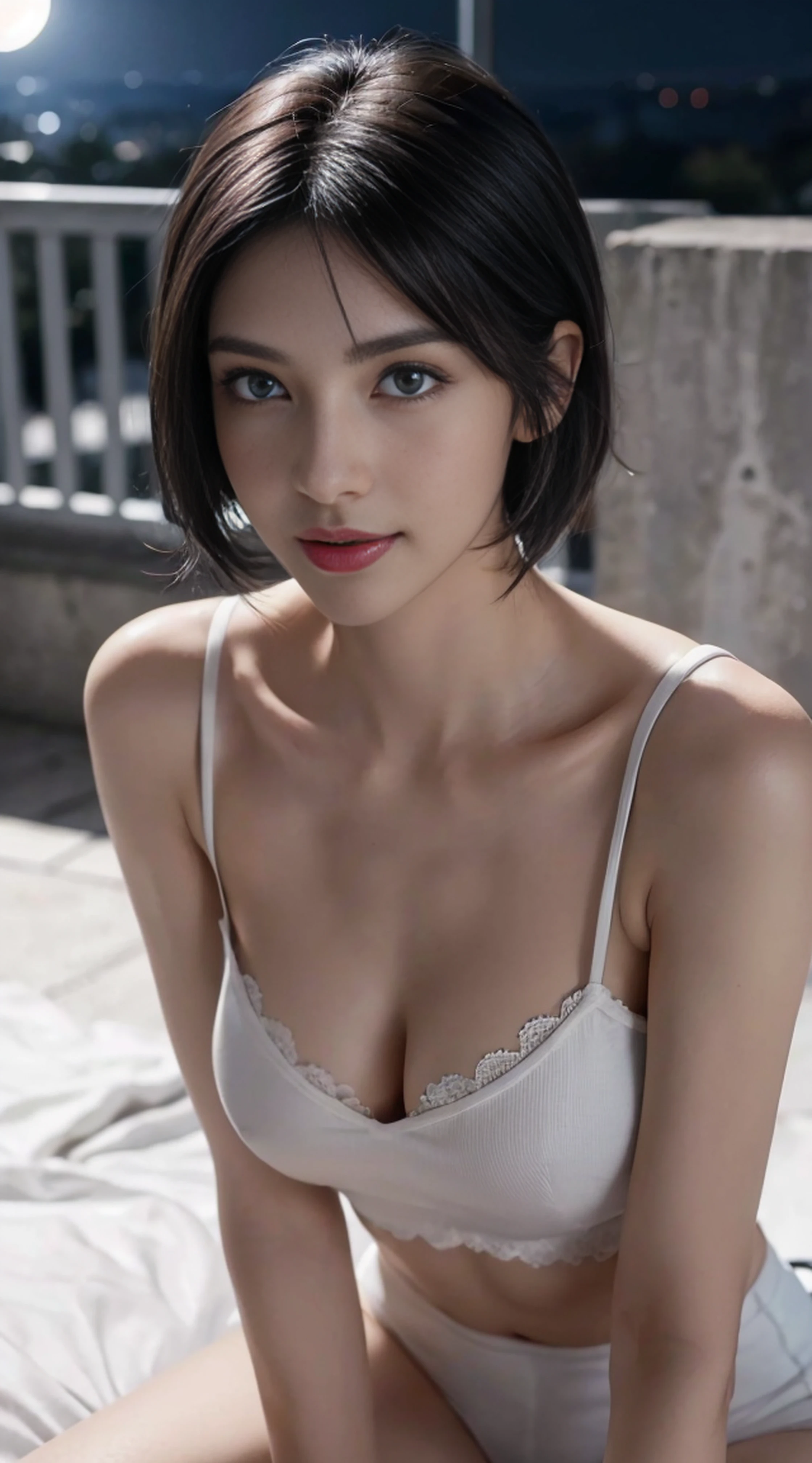 8K, Top Quality, Intricate Details, Ultra Detail, Ultra High Resolution, Masterpiece, random angle, Slender, Smile, (Makeup: 0.4), (Fluffy Blue Eyes: 1.21), blue Eyes,, ((full body)), 1girl, solo, 1 girl, (( full body)), close-up shot, lying down flat , , ((tall)), (((fit body))), (((slim face))), sharp face, sharp eyes, (((alternate hair color, black hair, white hair, medium hair, )) (detailed face), sharp face, small lips, thin lips,
(( hot pants )), detailed face, detailed breast, , large breast, detail, , Beautiful girl with accentuated slender abs: 1.4, Six Pack Abs: 1.4, Bust Botox, Big, Perfect Body, detail leg, (( moonlight)), top of mountain
