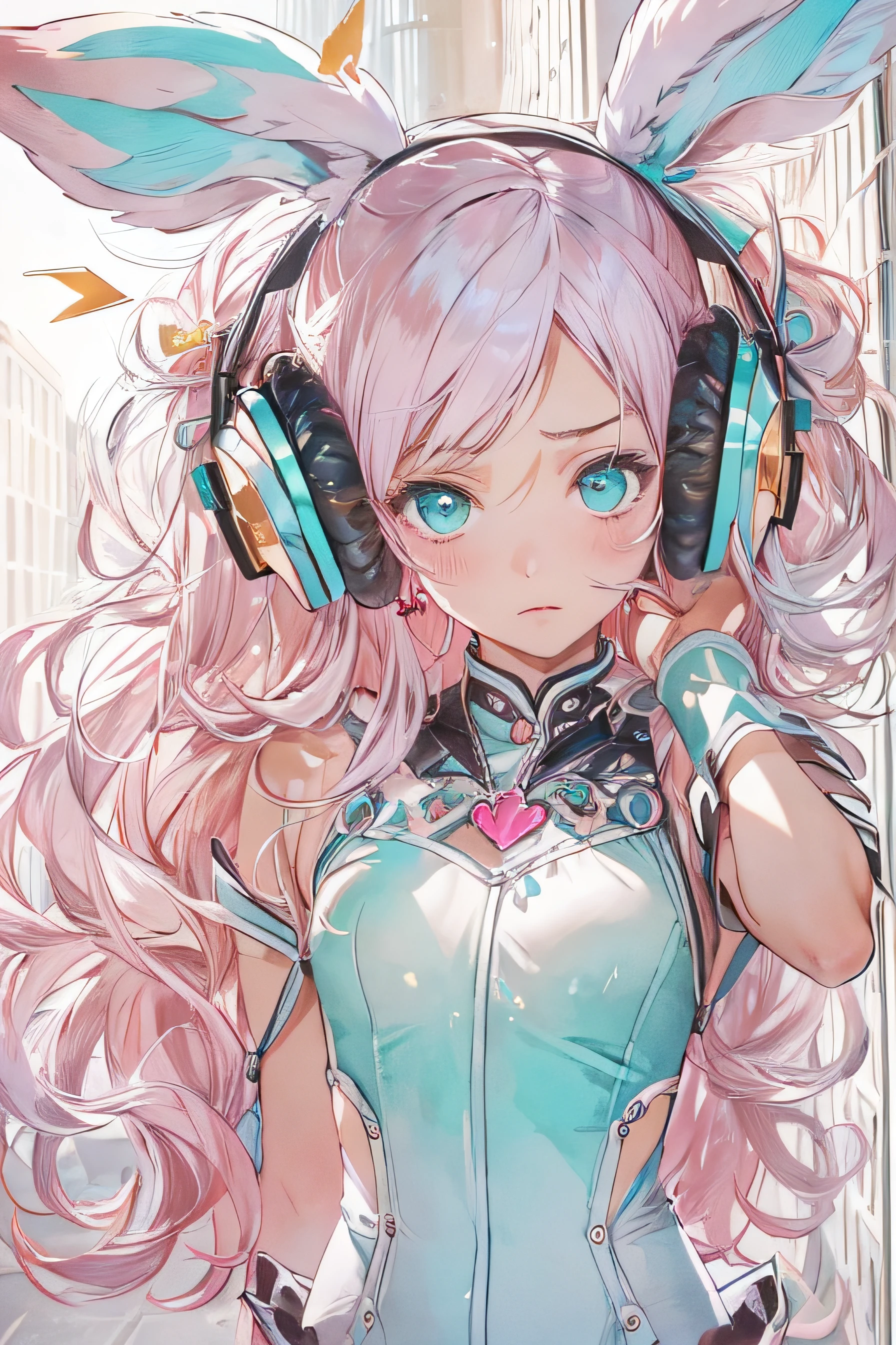 16K Ultra High Definition Top Quality, 1girl, animal_ears_headphones, rabbit_girl, rabbit_ears, (hair_hides_ears:1.2), (cupid), (showing indifference :1.2), (frustrated:1.3), (from above ), (flat chest:1.3), (turquoise eyes), o o, (detailed eyes and face), (pink quiff), stunning, ball earrings , Exhaustive, Oatmeal bodystocking, cameltoe , (atompunk:1.2), (in a fairytale land :1.3), landscape with Contrast of Lightness, detailed background, isolation, (David Chipperfield :1.3), (Ana Dias:1.2)