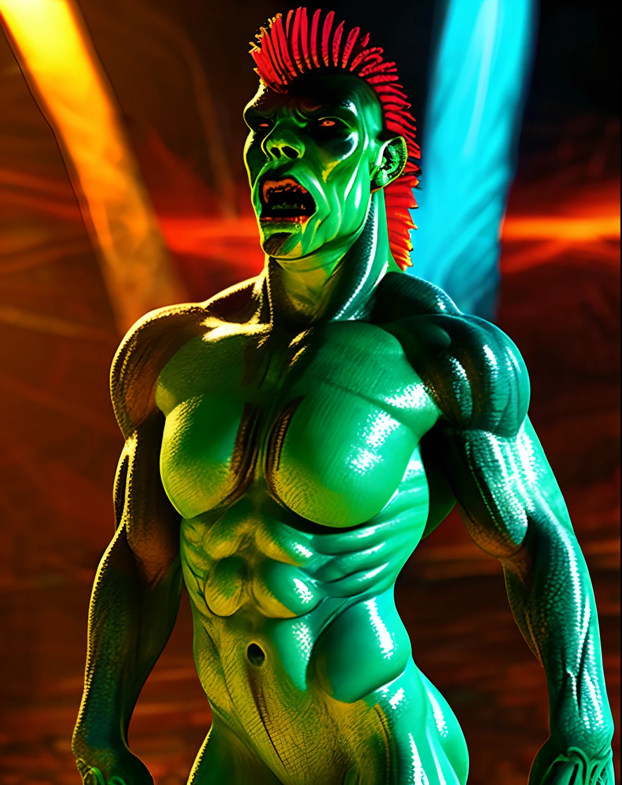 (best quality,vivid colors,strong lighting,wildlife,muscular body,powerful posture,detailed background,realistic skin texture,intense expression)