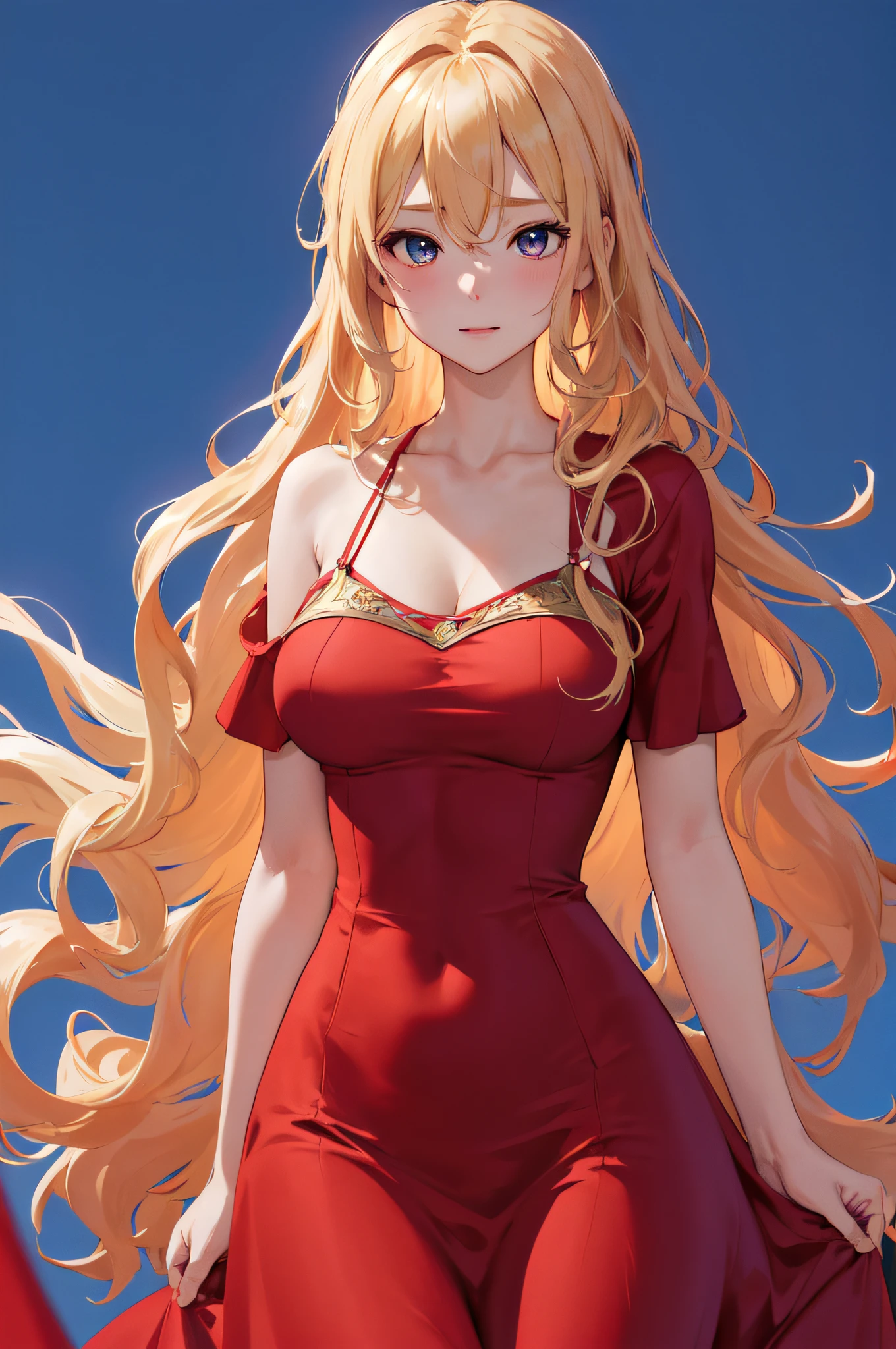 masterpiece, best quality, highres, 1girl, solo, blonde hair, upper body only, plain background, fantasy dress, red dress, blue color background, body towards front, large breast, hair between eyes, long wavy hair