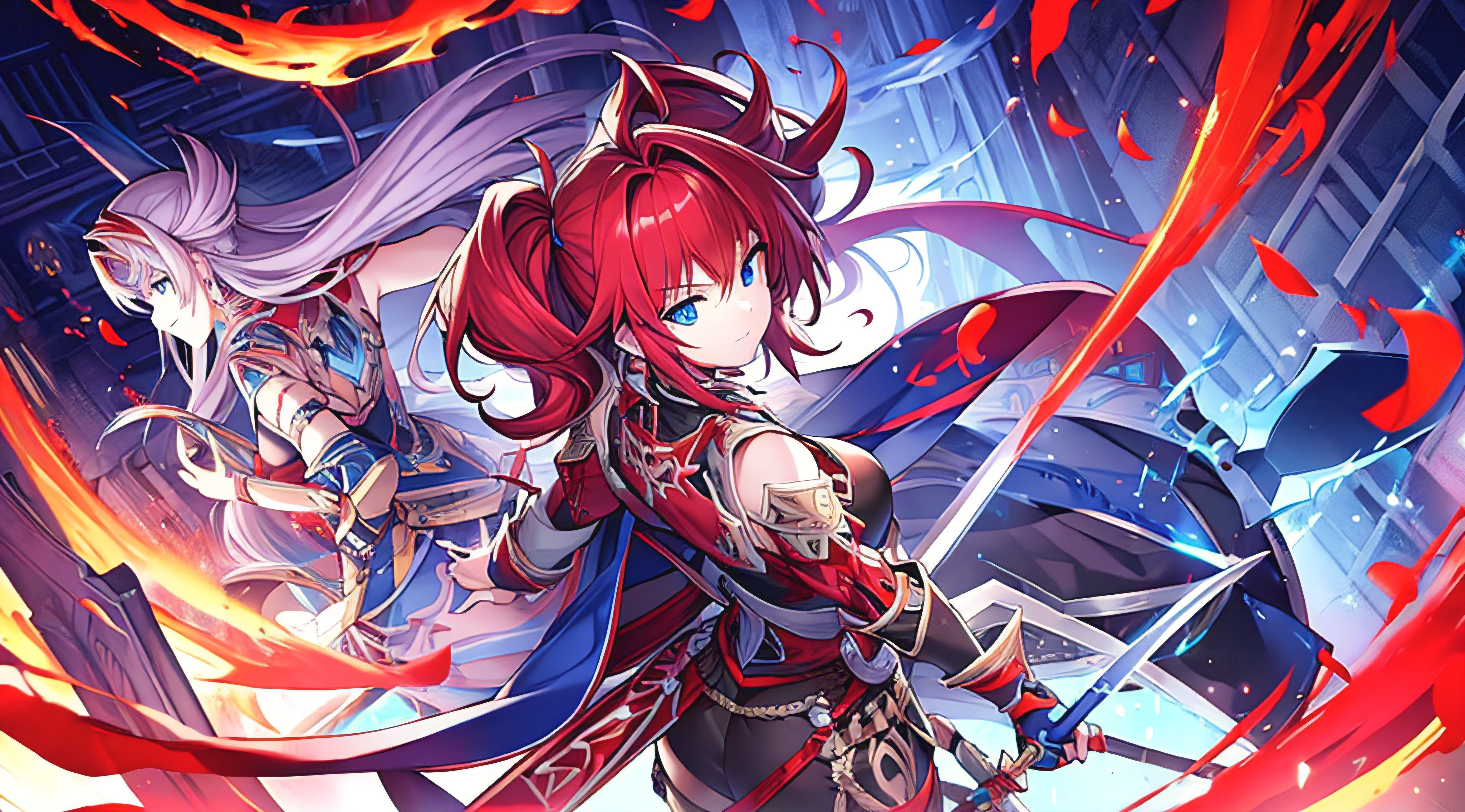 Make a woman on her back looking back with red hair blue eyes in a warrior outfit with a sword on her back