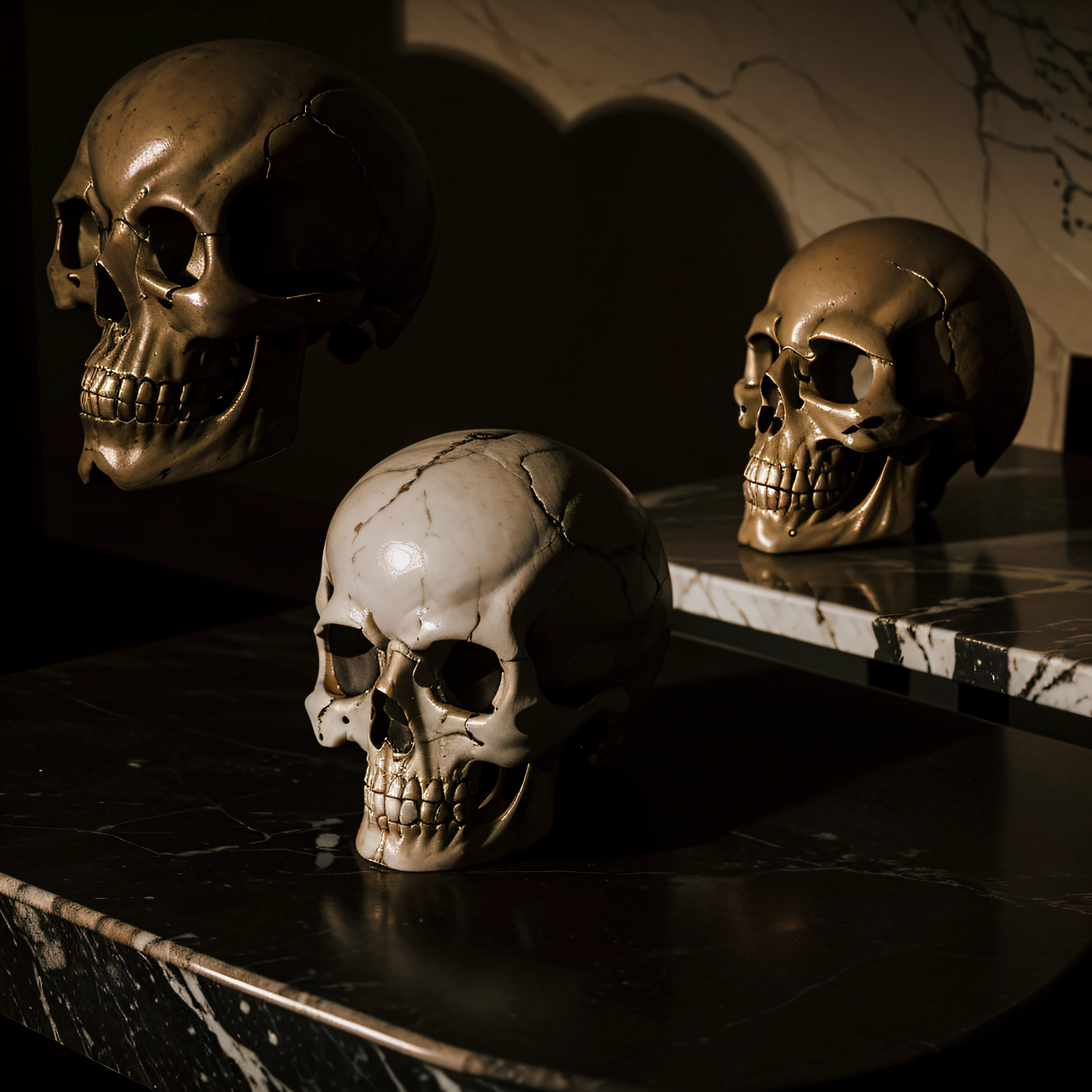 (extremadamente detallado, obra maestra, La mejor calidad, 4k), Estilo oscuro, volumetric illumination. Rubber skull melting on a marble table. Rococo composition.