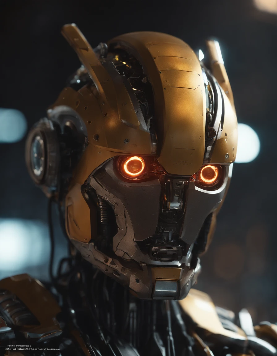 Intricate detailed, hyper realistic robotic head from Blade Runner, Bioshock and Transformers , optic filled with warm lightning, robot head filled with glowing light. Sci-fi cyborg. Cinematic lighting. 55mm, f1.4, V-ray, octane render, unreal engine, ultra sharp, 8k, trending on CGSociety, caustics --ar 2:3 --testp --creative