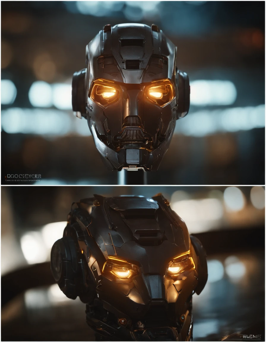 Intricate detailed, hyper realistic robotic head from Blade Runner, Bioshock and Transformers , optic filled with warm lightning, robot head filled with glowing light. Sci-fi cyborg. Cinematic lighting. 55mm, f1.4, V-ray, octane render, unreal engine, ultra sharp, 8k, trending on CGSociety, caustics --ar 2:3 --testp --creative