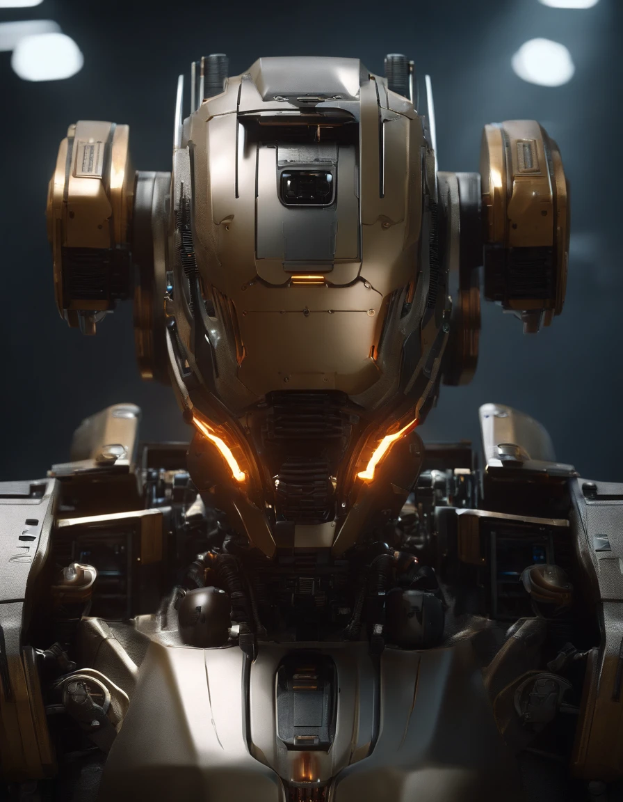 Intricate detailed, hyper realistic robotic head from Blade Runner, Bioshock and Transformers , optic filled with warm lightning, robot head filled with glowing light. Sci-fi cyborg. Cinematic lighting. 55mm, f1.4, V-ray, octane render, unreal engine, ultra sharp, 8k, trending on CGSociety, caustics --ar 2:3 --testp --creative