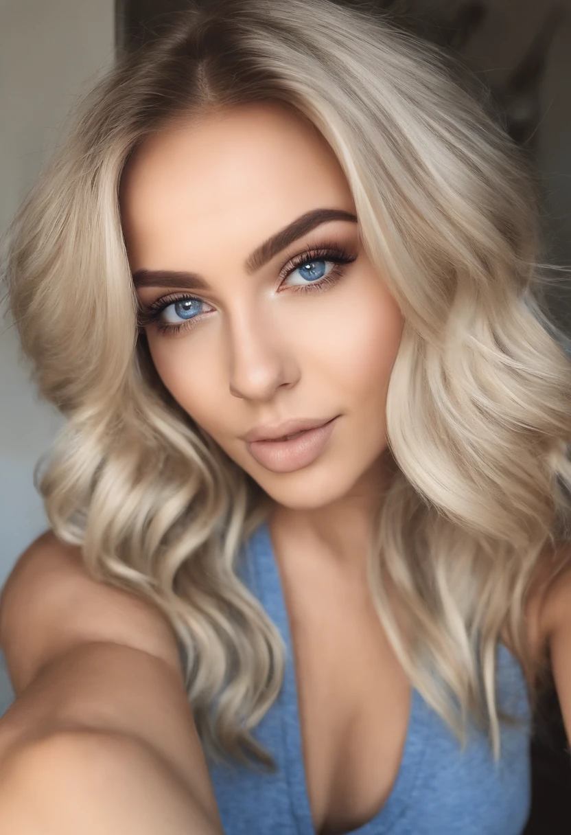 woman with matching tank top , Sexy girl with blue eyes, portrait sophie mudd, portrait corinna kopf, blonde hair and large eyes, Selfie einer jungen Frau, Augen im Schlafzimmer, Violet Myers, ohne Make-up, Natural makeup, Blick direkt in die Kamera, Gesicht mit Artgram, dezentes Make-up, Stunning full body shot, im Schlafzimmer, Spaltung, taking selfie, outside