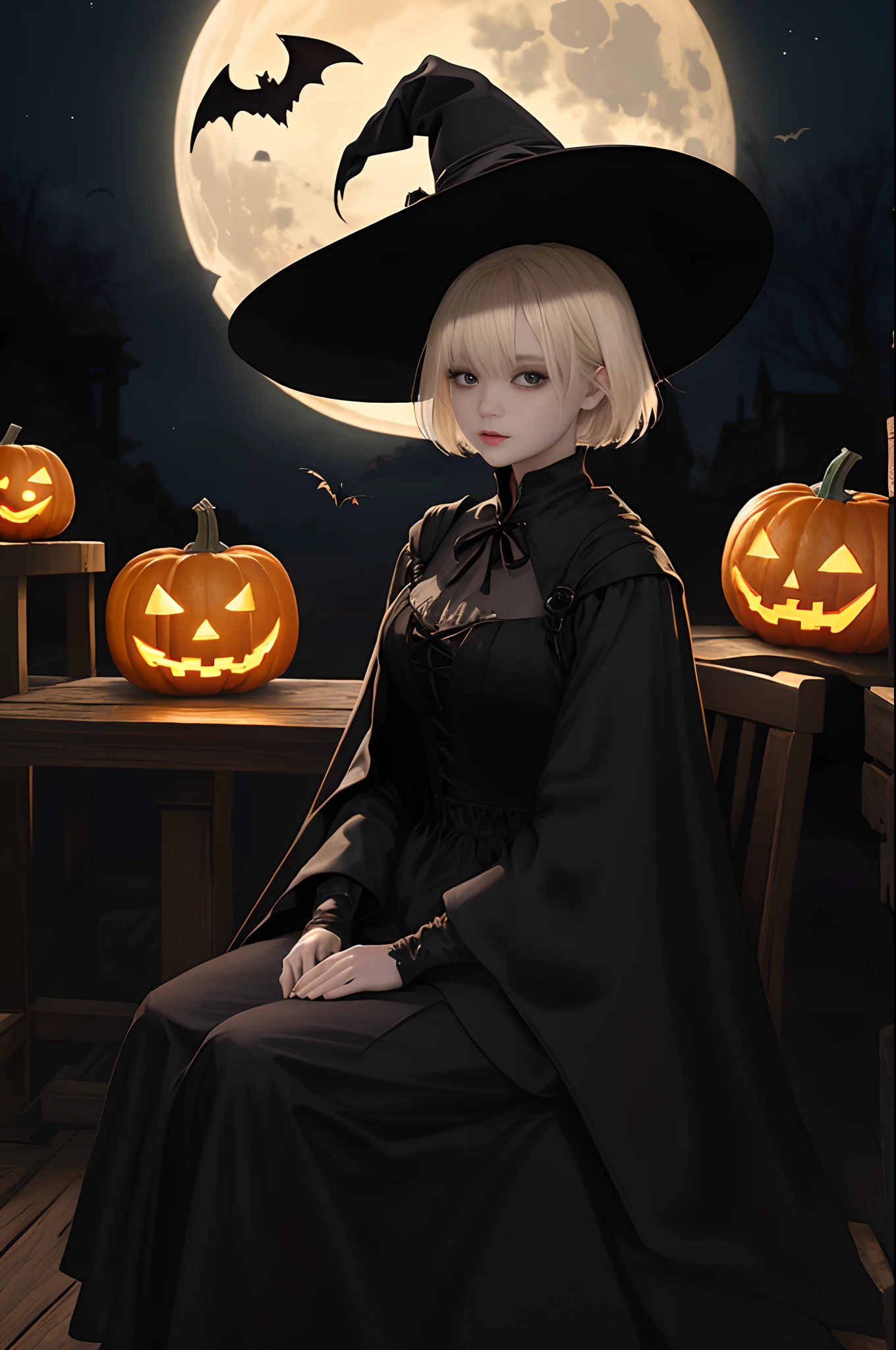 Top image quality、masterpiece、Impasto、Thick oil painting、Vivid coloring、Halloween、Aerial perspective、thirds rule、Norse man1People Beautiful Girl、slightly smaller eyes、Pretty small face、Light makeup、Platinum blonde short hair、middlebreasts、tall、sitting on、Full body like、witch's hat、cloaks、Black Gloves、long-sleeve、gothic dress、Bright pumpkin lantern、the bats、An old mansion on the outskirts of town、graffiti on wall、fullmoon