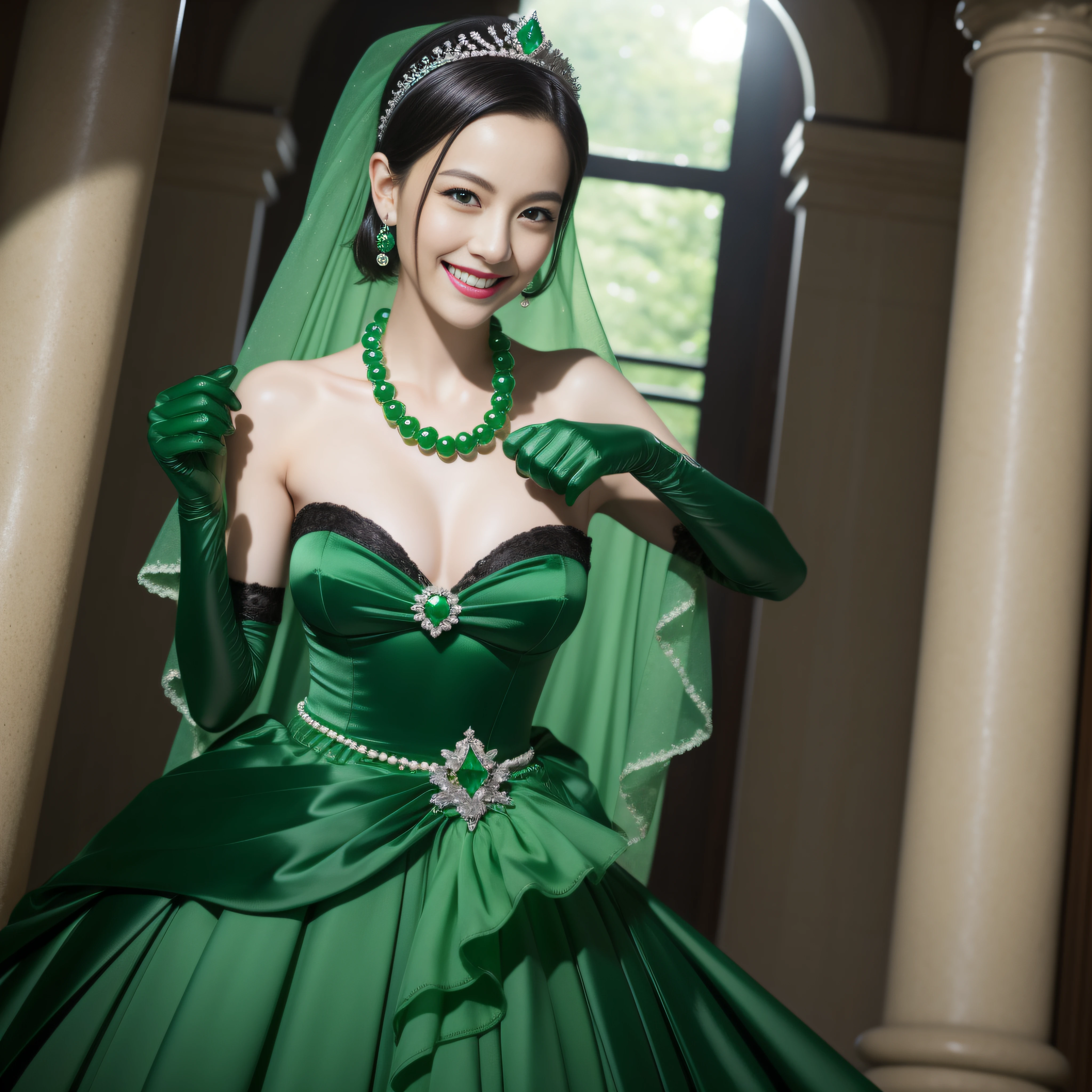 emerald tiara, Large Green Pearl Necklace, Boyish very short black hair, lipsticks, Japan woman smiling, Long green gloves made of satin material, very short short hair, Guts Pose, Green eyes, big breasts beautiful