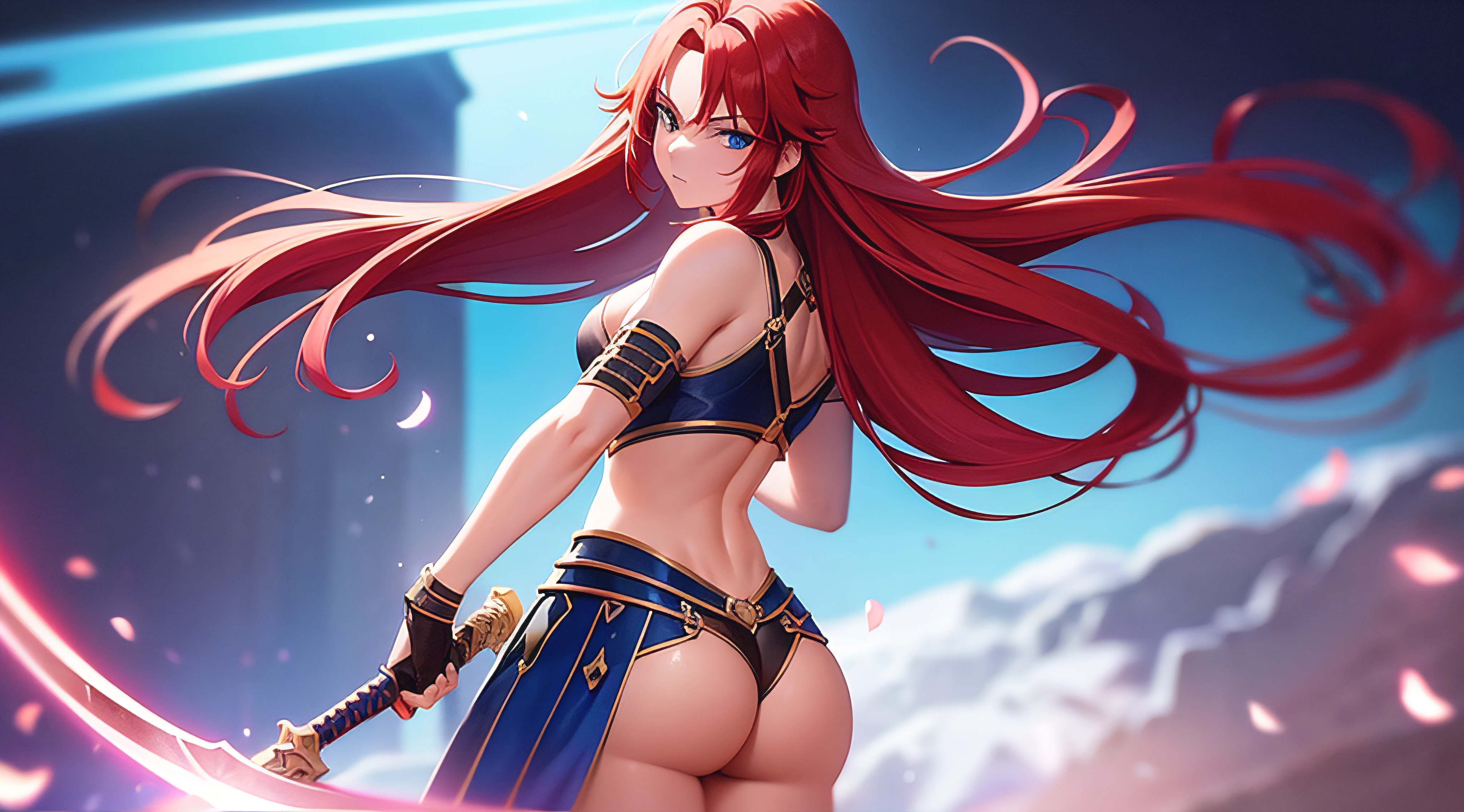Make a back-looking amazon looking back with red hair, blue eyes, in a warrior's outfit with a sword on her back;, cores vibrantes, contraste e brilho perfeito, estilo cinema, 16k, super atraente