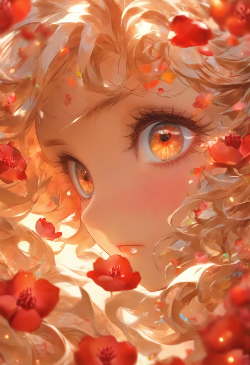 (ellegance: 1.2), opulent, long whitr hair, ventania, (ellegance: 1.3), (petals: 1.4),(((Masterpiece))),(((Best quality at best))),((ultra - detailed)),(illustratio),(dynamic angle),((floatking)),((Loose hair)),(Solo),(1girll) , (( (Detailed anima face))),((Beautiful detailed face)),collars,Beautiful detailed eyes,(Gradient color eyes),(( (Colored eyes))),(((coloured background))),(((high saturated))),(((Surrounded by colorful splashes))),Pomegranate flowers,red colour,fiery red,Petals are layered,It gives a delicate feeling,It is a symbol of summer,It's passionate,Full of life and vitality,The flowers are brightly colored,The flowers are large and eye-catching,Let people see its beauty at a glance,auspicious、A symbol of prosperity,Commonly used for decoration and carving