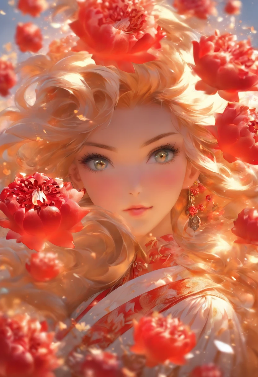 (ellegance: 1.2), opulent, long whitr hair, ventania, (ellegance: 1.3), (petals: 1.4)，(((Masterpiece))),(((Best quality at best))),((ultra - detailed)),(illustratio),(dynamic angle),((floatking)),((Loose hair)),(Solo),(1girll) , (( (Detailed anima face))),((Beautiful detailed face)),collars,Beautiful detailed eyes,(Gradient color eyes),(( （Colored eyes））），（（（coloured background））），（（（high saturated））），（（（Surrounded by colorful splashes））），Pomegranate flowers，red colour，fiery red，Petals are layered，It gives a delicate feeling，It is a symbol of summer，It's passionate，Full of life and vitality，The flowers are brightly colored，The flowers are large and eye-catching，Let people see its beauty at a glance，auspicious、A symbol of prosperity，Commonly used for decoration and carving