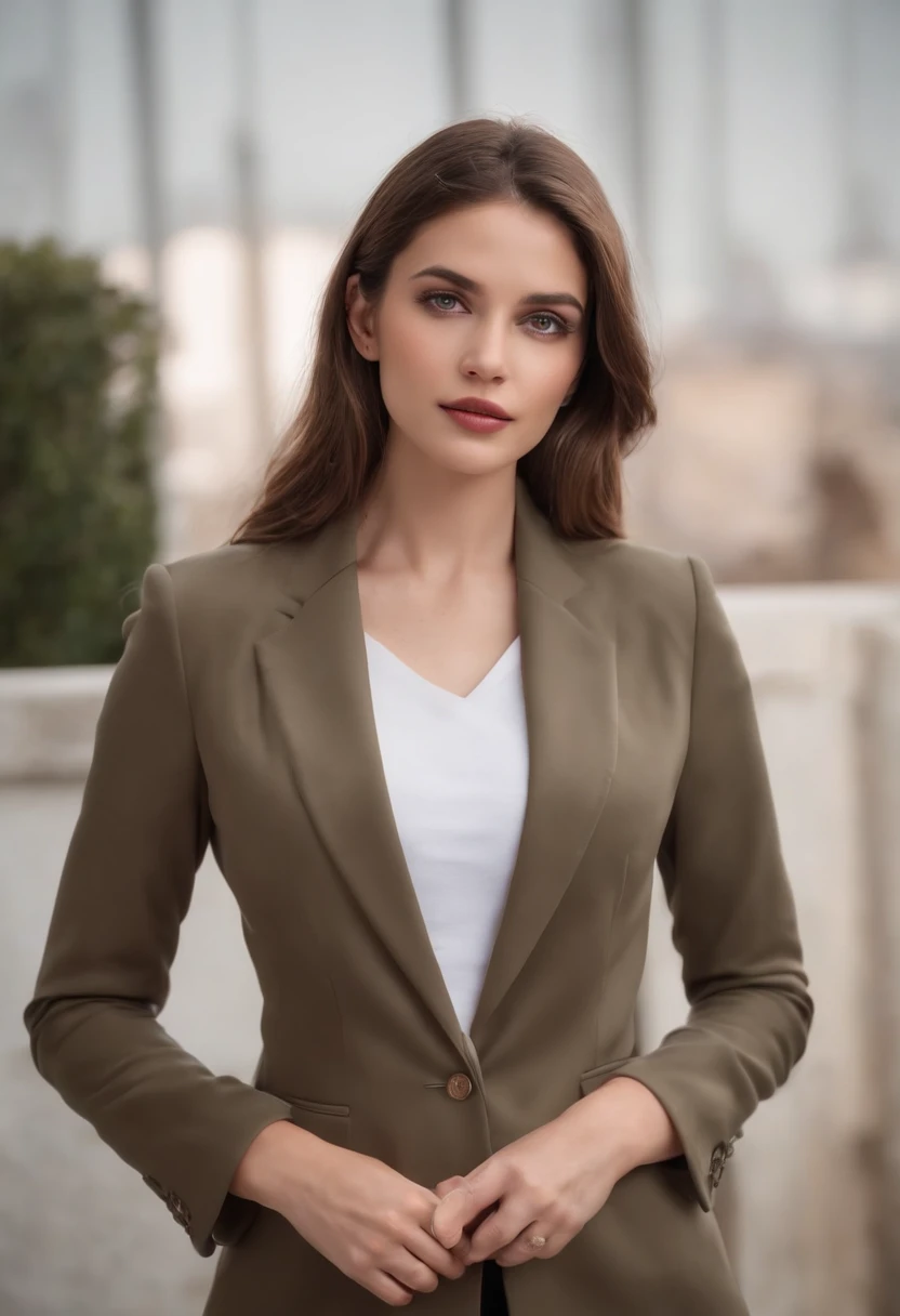 (Hermosa mujer con blazer a medida sin corbata), (Europeo), Aspecto atractivo, Cabello largo y dorado, Elegante y con estilo, Cuerpo afeitado en traje, cuerpo vistoso, (Arriba) Alta calidad e imagen real), en el fondo Imagen oscura y negra y clara, Film style, (La mejor calidad, 8k, Obra maestra semidesnuda).