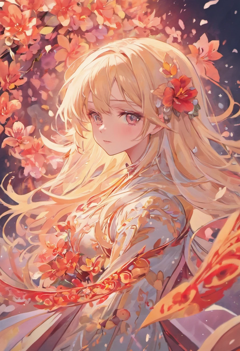 (ellegance: 1.2), opulent, long whitr hair, ventania, (ellegance: 1.3), (petals: 1.4)，(((Masterpiece))),(((Best quality at best))),((ultra - detailed)),(illustratio),(dynamic angle),((floatking)),((Loose hair)),(Solo),(1girll) , (( (Detailed anima face))),((Beautiful detailed face)),collars,Beautiful detailed eyes,(Gradient color eyes),(( （Colored eyes））），（（（coloured background））），（（（high saturated））），（（（Surrounded by colorful splashes））），Pomegranate flowers，red colour，fiery red，Petals are layered，It gives a delicate feeling，It is a symbol of summer，It's passionate，Full of life and vitality，The flowers are brightly colored，The flowers are large and eye-catching，Let people see its beauty at a glance，auspicious、A symbol of prosperity，Commonly used for decoration and carving