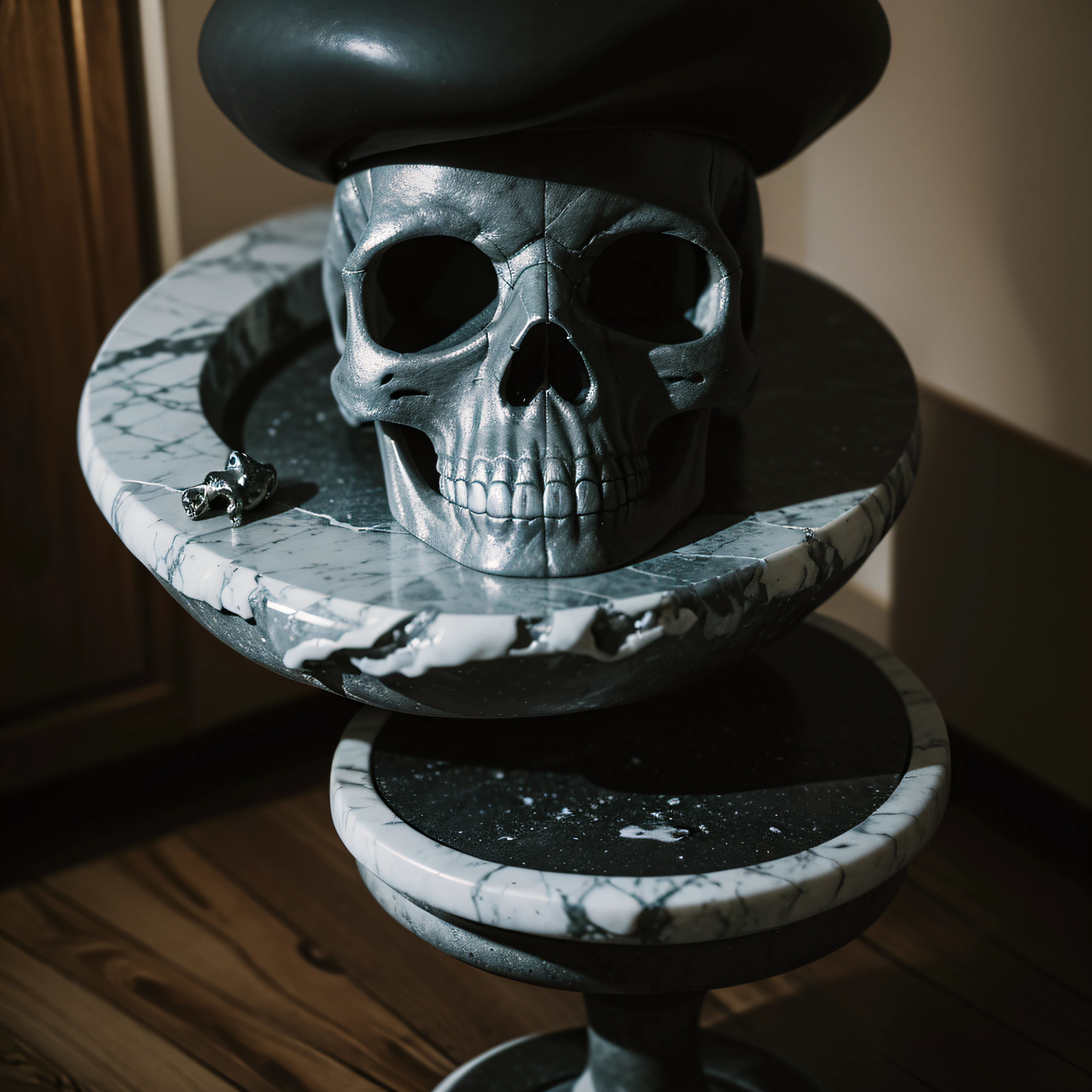 (extremadamente detallado, obra maestra, La mejor calidad, 4k), Estilo oscuro, volumetric illumination. Rubber skull melting on a marble table. Rococo composition.