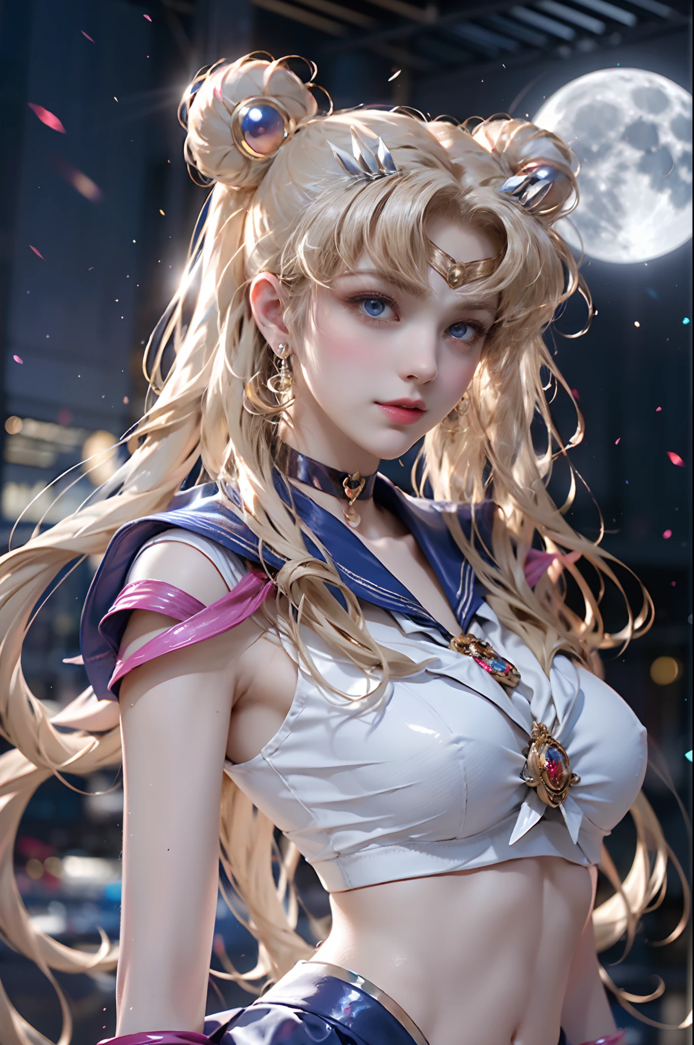 masutepiece, full: 1.3, to stand, 8K, 。.。.3D, Realistic, Ultra Micro Photography, of the highest quality, Extreme Details CG Unity 8K Wallpapers, From below, Intricate details, (1 female), 28 years old, (meishaonv,Sailor Moon,tiarra, Sailor Senshi Uniform Sailor: 1.2, Sailor Moon: 1.2), Incredibly long bright twin-tailed blonde, Thin and very long straight twin tail blonde, Hair bun, Red round hair ornament in a hair bun, Sailor Senshi Uniform, huge tit, (Silver-blue collar, blue sailor collar, Silver blue pre-gate ultra mini skirt: 1.3,Pants are visible,Super High Leg Swimsuit, very large red bow on the chest,,: 1.3, Long white latex gloves: 1.3, Red gloves on the elbows, very large red bow behind the waist,: 1.1, cleavage looks bigger:1.2, a golden tiara, earrings), (Face Details: 1.5, Bright blue eyes, Beautiful face, Beautiful eyes, shiny eyes, thin lips: 1.5, thin and sharp pale eyebrows, long dark eyelashes, Double eyelashes), Luxurious Golden Jewelry, Thin, thin and muscular,,, a small face, Perfect proportions, thin waist, SEXY Model Pose, Visible Pore, Seductive smile, Perfect hands: 1.5, Very thin and fitting high gloss silver-white holographic leather, Octane Rendering, highly dramatic picture, Strong natural light, Sunlight, exquisite lighting and shadow, Dynamic Angle, Digital SLR, Sharp Focus: 1.0, Maximum clarity and sharpness, (Space background,Moon, dynamic background, Detailed background),(Rabbit, Double bun, Twin-tailed, Parted bangs, circlet, Jewelry, earrings, Choker, Red bow, White Gloves, elbow groves, Blue skirt
),nffsw