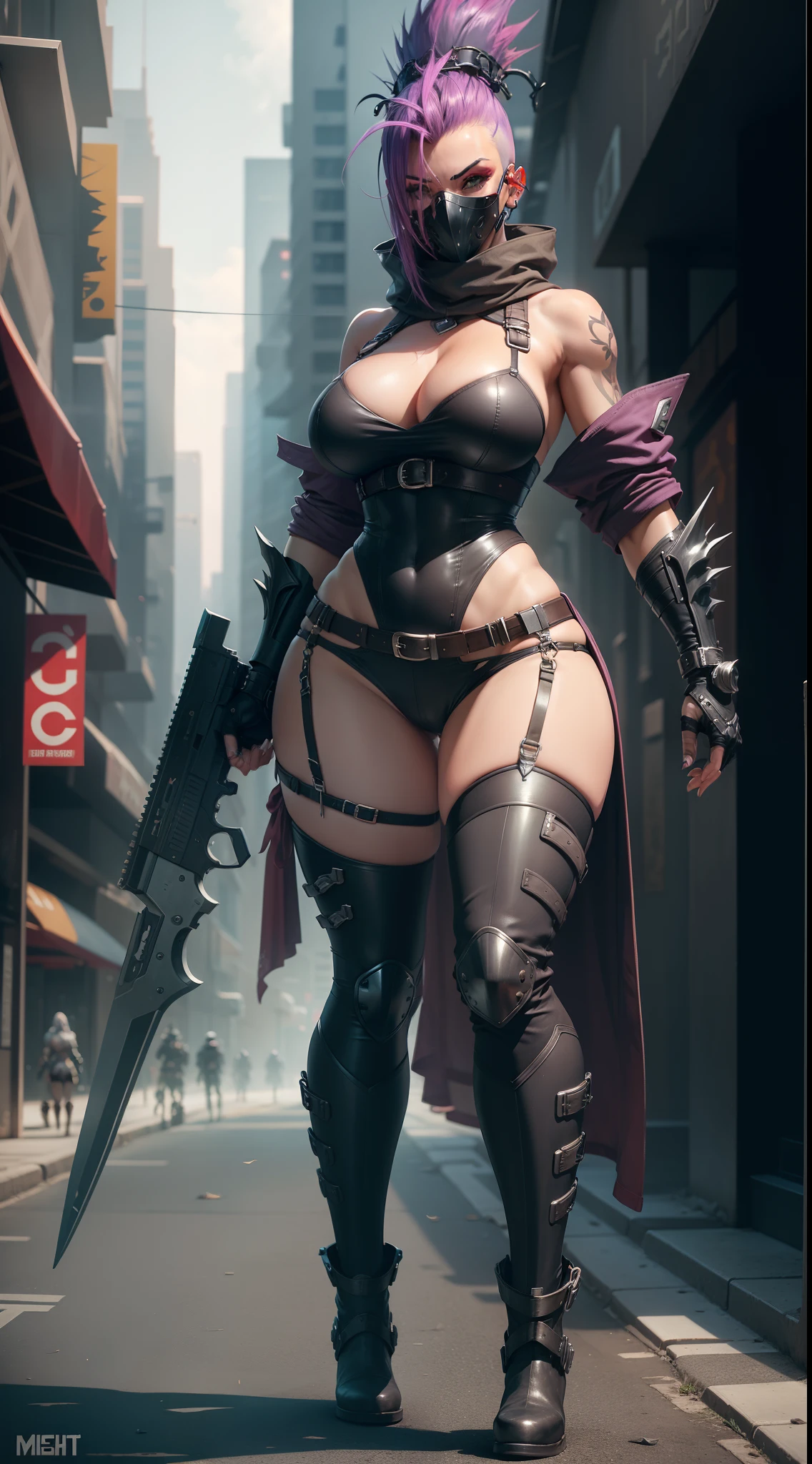 Best Sexy Big Breasts Athletic Body Breasts Metal Boot Metal Panties Futuristic Weapon Metal Mask Night Vision Colored Glasses Mohawk Hair NSFW