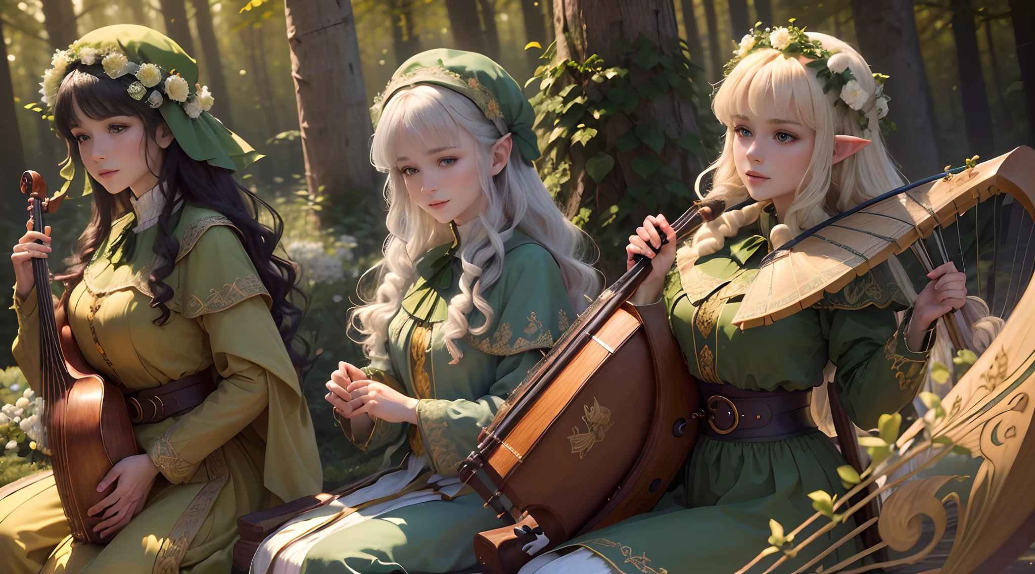 (master piece, Highest quality, High definition, High detail, Best quality:1.2), 8k, Extremely detailed, Higher resolution)) (Wood Elf playing harp) (smiling, dressed in soft silk in the colors of the forest, long brown hair, Ivy melee, flowers and leaves, Green coat with gold embroidery) (blueberry flowers and poppy) (panoramic lighting, atmospheric perspective, dawn, Smoothing: 5D, laser painting, color, beautiful face, clear facial features) Stunning details. ((( Play the Irish harp on your knees)) ((master piece, Highest quality, High definition, High detail, Best quality:1.2), 8k, Extremely detailed, Higher resolution)) (Elves of the woods playing the harp, Celtic music, wood music (harp, violin, guitar, flute)) (smiling, dressed in soft silk in the colors of the forest, long brown hair, Ivy melee, of flowers and leaves, Green coat with gold embroidery) (blueberry flowers and poppy) (panoramic lighting, Smoothing: 5D, HDR photography, soft color, beautiful face, clear facial features) Stunning details. ((Play the Scottish harp on your knees) (playing Scottish bagpipes))