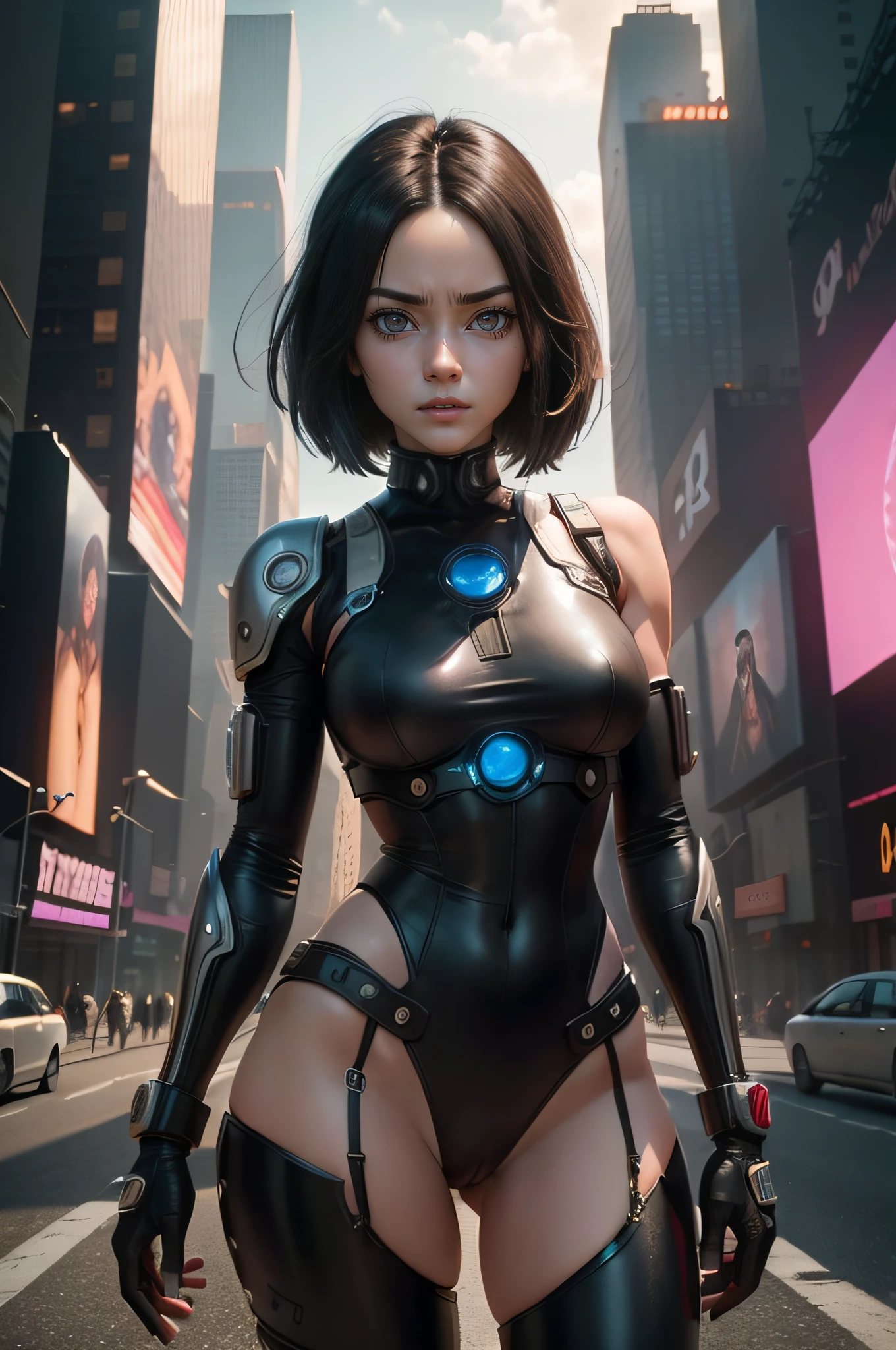 New York, time square, Alita, known as "Battle Angel", is the main character of the manga "Battle Angel Alita" created by Yukito Kishiro. She is a fearless cyborg with a mysterious past and exceptional combat skills. Endowed with great curiosity and compassion, Alita explores the futuristic town of Scrapyard in search of her true identity. Her perfect angelic face, large eyes, contrasts with her determination and lethal skills as she fights mechanical and human threats, evolving both emotionally and physically over the course of the series. Alita embodies the fusion of humanity and technology, exploring themes of identity, justice and self-discovery, (Best Quality: 1.0), (Ultra Highres: 1.0), highly detailed face and eyes, (Photorealistic: 1.2)