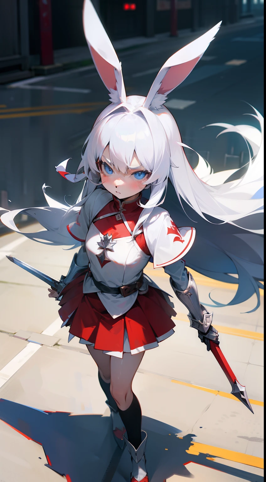 Anime,1rabbit girl,(kid),solo,white hair,Long rabbit ear,blue eyes,long hair,templar silver knight outfit,red skirt,masterpiece,best face,detailed face,innocent face,walking in the road,serious face