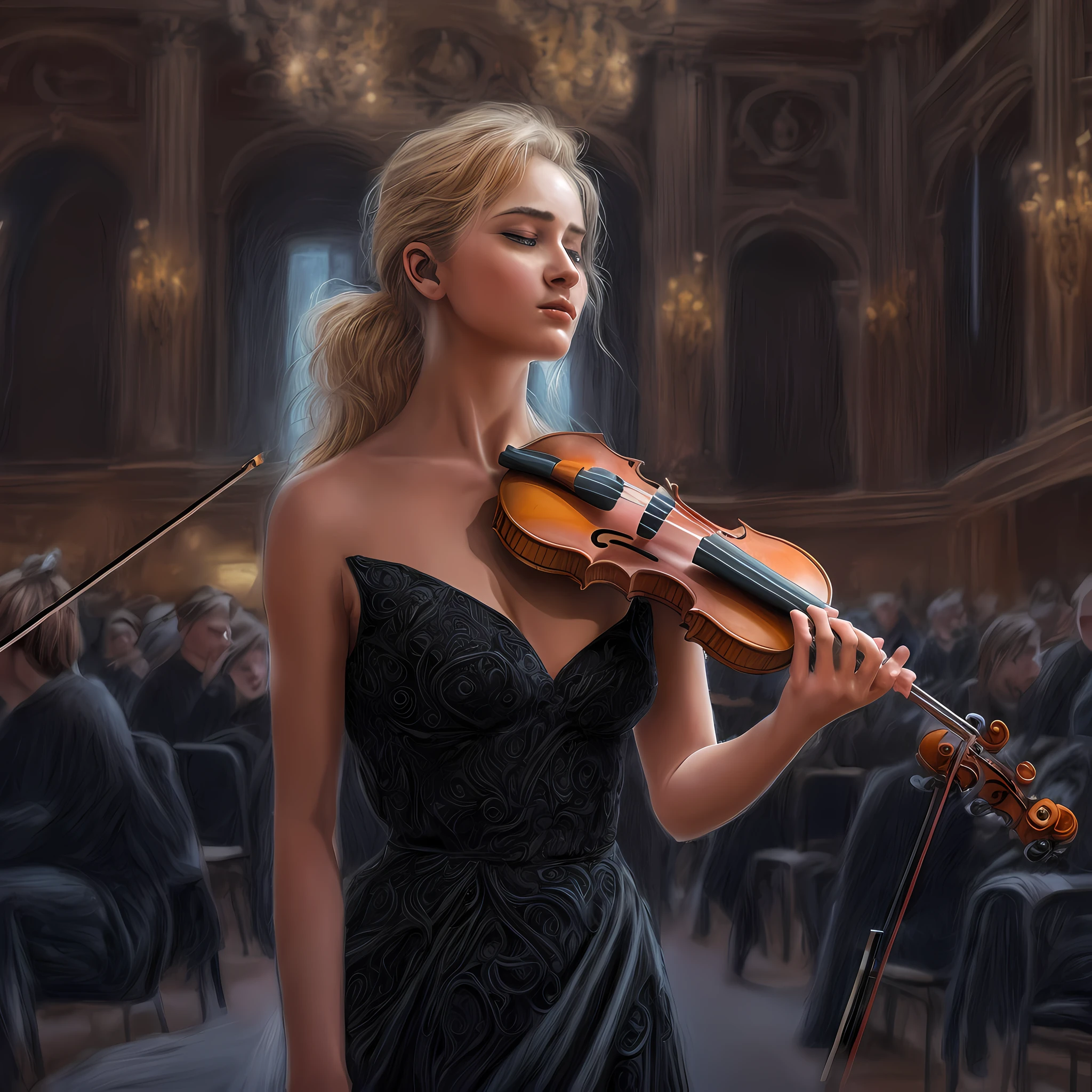 high details, best quality, 8k, [ultra detailed], masterpiece, best quality, (extremely detailed), full body, ultra wide shot, photorealistic, RAW,  realistic art, an ultra wide, full body, a picture  of a human female  (intricate details, Masterpiece, best quality: 1.5) violinist,  playing the (violin: 1.5)  and enchanting people in a concert hall, wearing black evening dress, epic beautiful female human ,anatomically correct,  violinist (intricate details, Masterpiece, best quality: 1.5), blond hair, blue eyes, ultra detailed face, ultra feminine, concert hall background, best details, best quality, 16K, [ultra detailed], masterpiece, best quality, (ultra detailed), full body, ultra wide shot, photorealistic