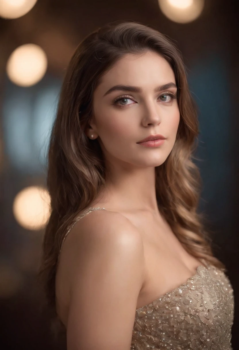 mulher em torno de 19 anos, cabelos pretos naturais, olhos castanhos distintos, vestindo kohl, slender and graceful, Beautiful, luz de velas em um ambiente futurista, Ultra sharp focus, tiro realista, roupas femininas futurista, cores tetradicas (cicatriz:1.4)