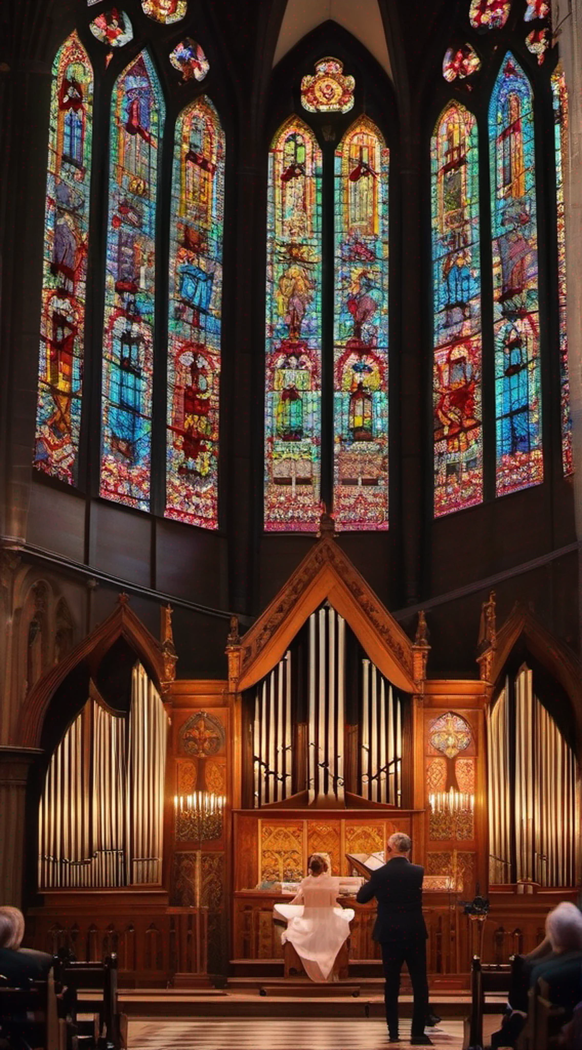 Concert of organ, flute and harp In a large Gothic church. (Hushed atmosphere, soft light of a sunset crossing the stained glass windows)