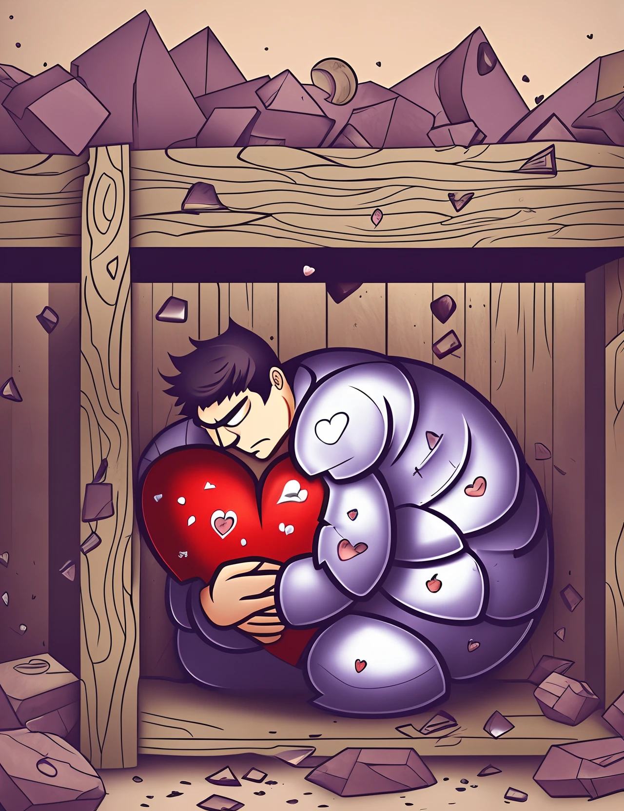 Cartoon style image where a big heart suffering bruised and broken is under crushing pressure --auto --s2