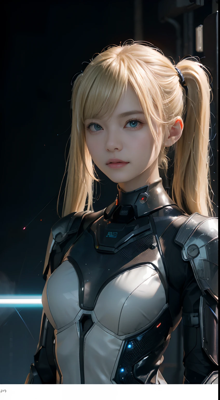 ((top-quality)), ((​masterpiece)), ((realisitic)), ((twintails hairstyle)),((a blond)),(detaileds), (Photorealsitic:1.5), Future Girl, asian human,(very slender body),(Cute hair ornament) (Pink Bodysuit), A smile,14years,Height 143cm,lights on armor, Cybernetic Headwear, Exposure of the abdomen,Looking at the camera, dynamicposes, scientific fiction, nffsw, Ray traching, NVIDIA RTX, Hyper-Resolution, Unreal 5, Sub-surface scattering, PBR Texturing, post processed, Anisotropy Filtering, depth of fields, Maximum clarity and sharpness, thirds rule、8K Raw、(Luminescent particles:1.4)、(extremely details CG、Unity 8k Wallpapers、。.。.。.。.3D、lighting like a movie、lensflare)、Reflectors、foco nítido、Cyberpunk Art、Cyberpunk architecture、