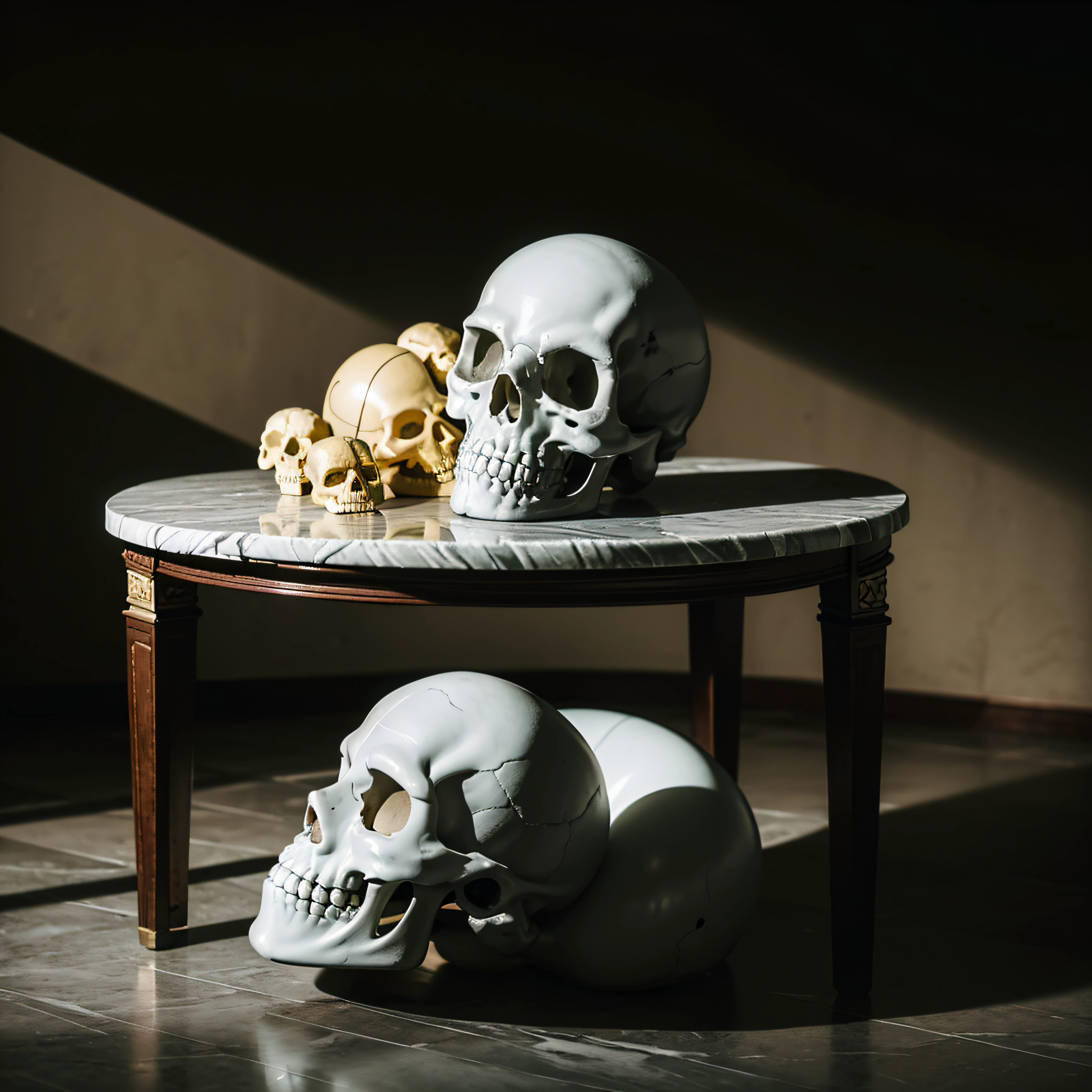 (extremadamente detallado, obra maestra, La mejor calidad, 4k), Estilo oscuro, volumetric illumination. Inflatable soft rubber skull on a marble table. Rococo composition.
