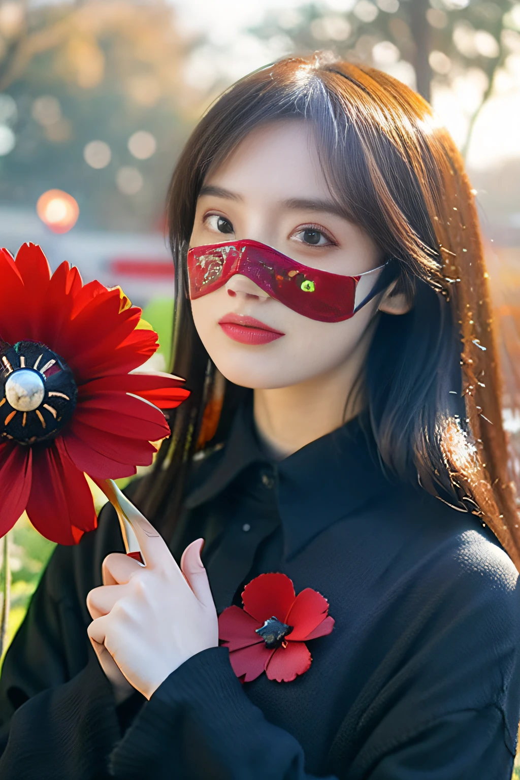 Black tears, corolla, revolutionary, possessing a pistol, skull mask, dark theme, 18 year old girl in the garden, black dress, holding a rifle (top quality, masterpiece: 1.2), (red flower chaos in the background: 1.3)